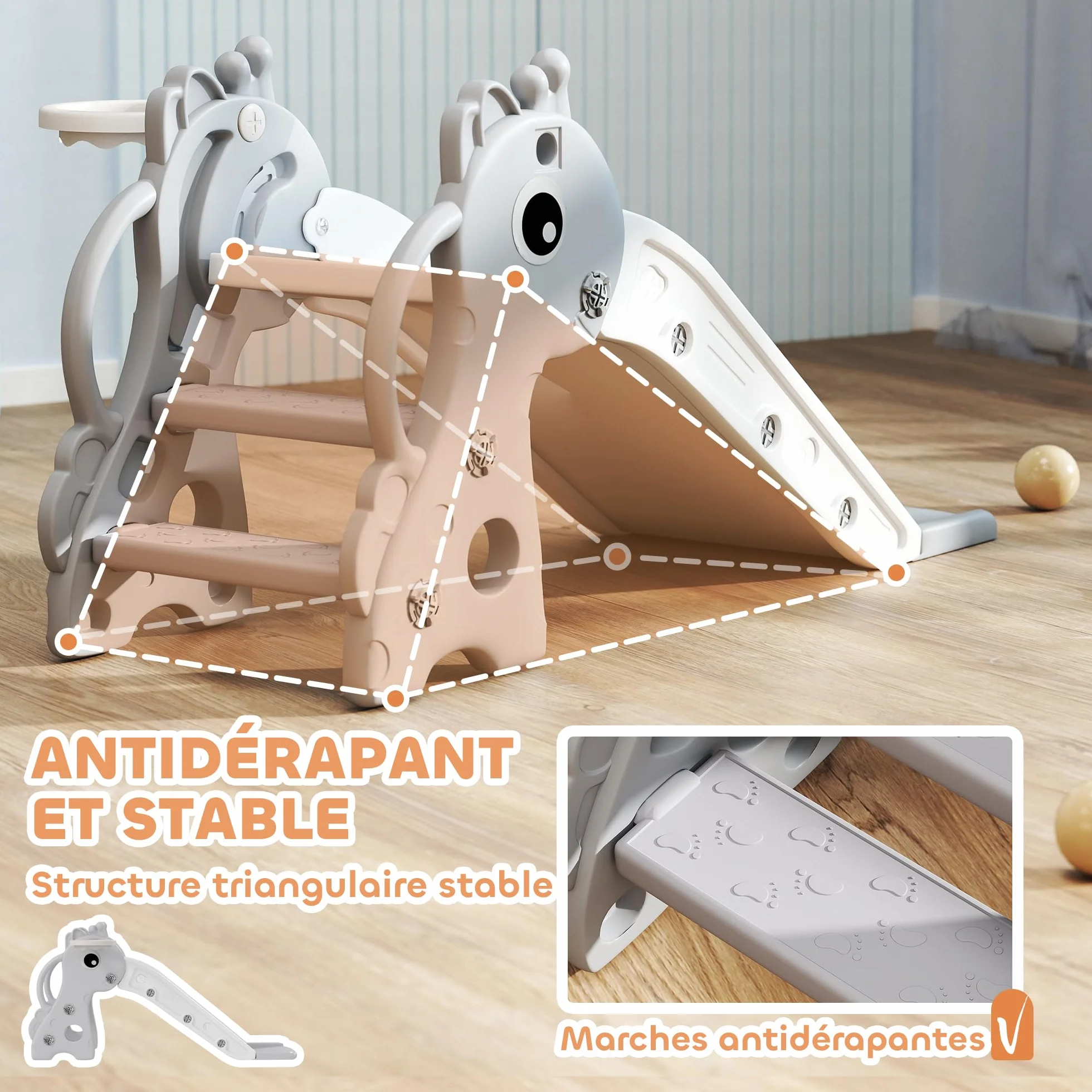 AIYAPLAY Scivolo per bambini 3 in 1 a forma di giraffa con canestro da basket, arrampicata e pallone, scivolo interno per bambini da 1 a 3 anni, 106 x 51,5 x 52 cm, grigio