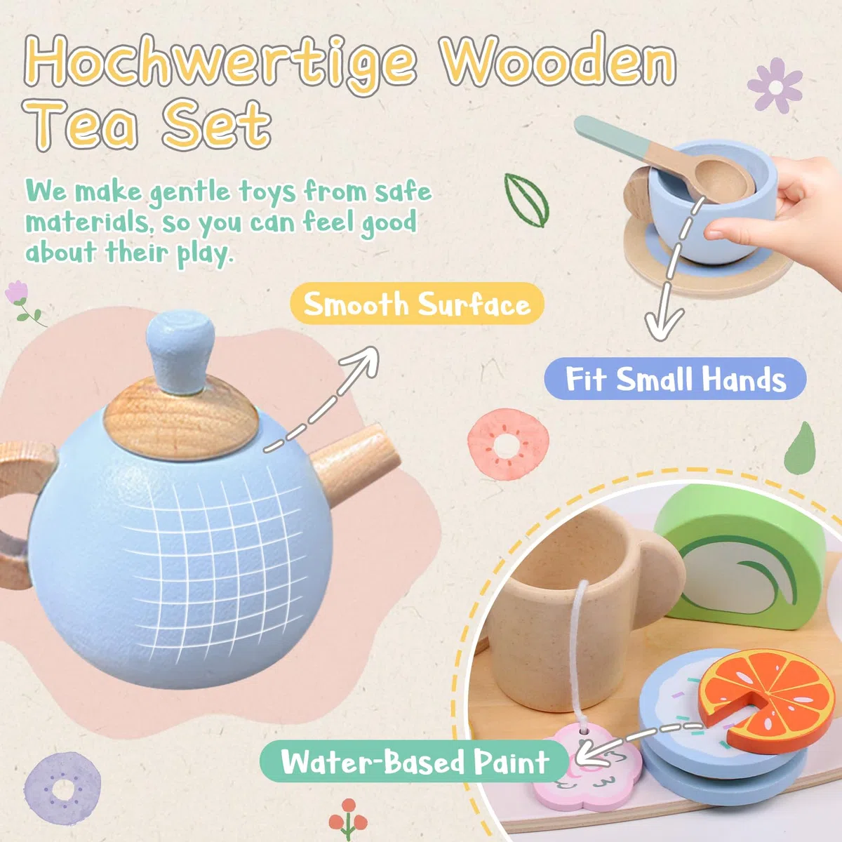 Set da tè in Legno per Bambini, Giocattolo Educativo Montessori con Torta e Accessori, Gioco di Ruolo Tea Party, Regalo per Bambina Ragazzi Ragazz 3 4 5 6 Anni