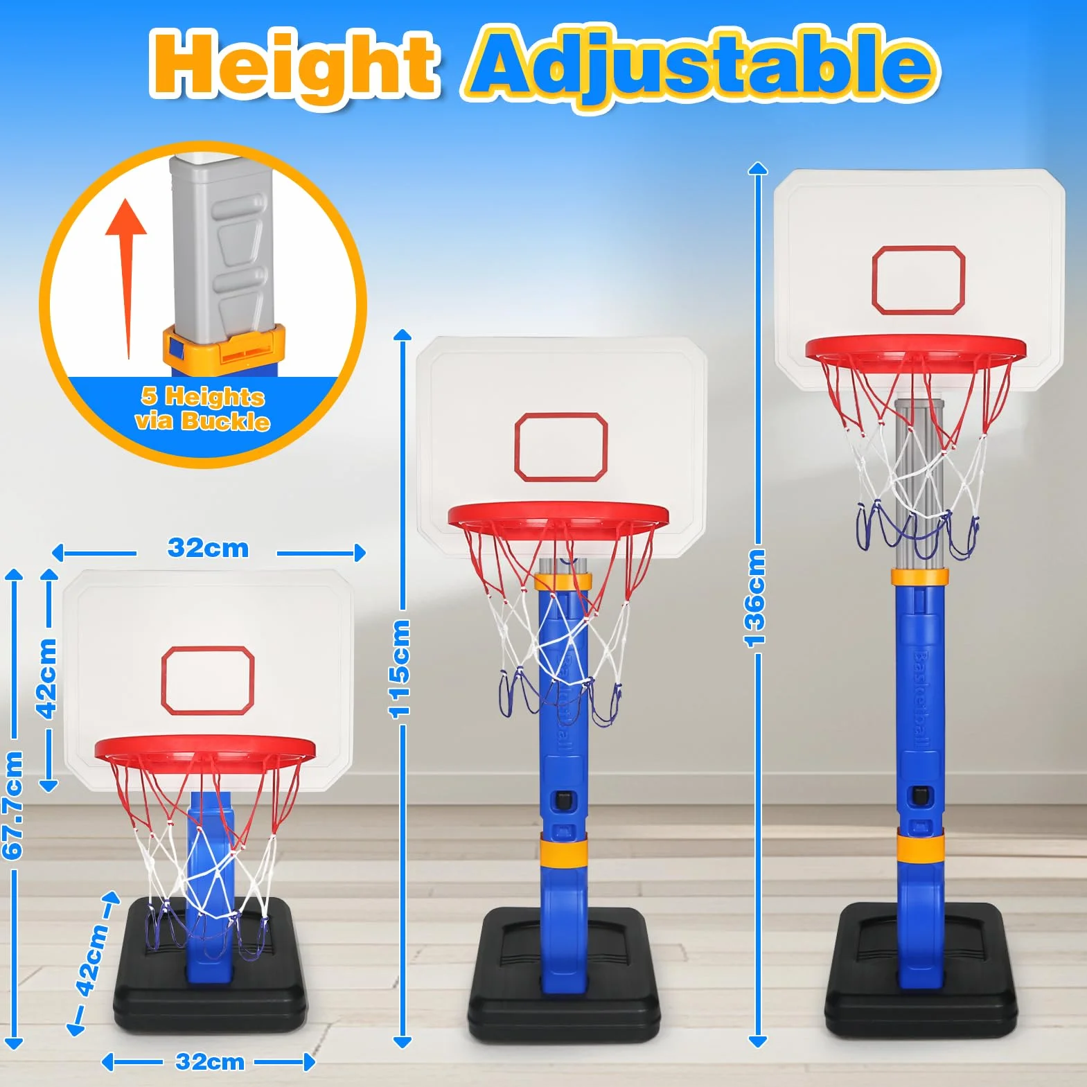 YIMORE Canestro Basket Bambini, Canestro Basket Per Interni Da Esterno Con Supporto, Altezza Regolabile 70-138 CM, Mini Canestro Basket Da Camera Per Giochi Per Bambini Dai 3 Agli 8 Anni