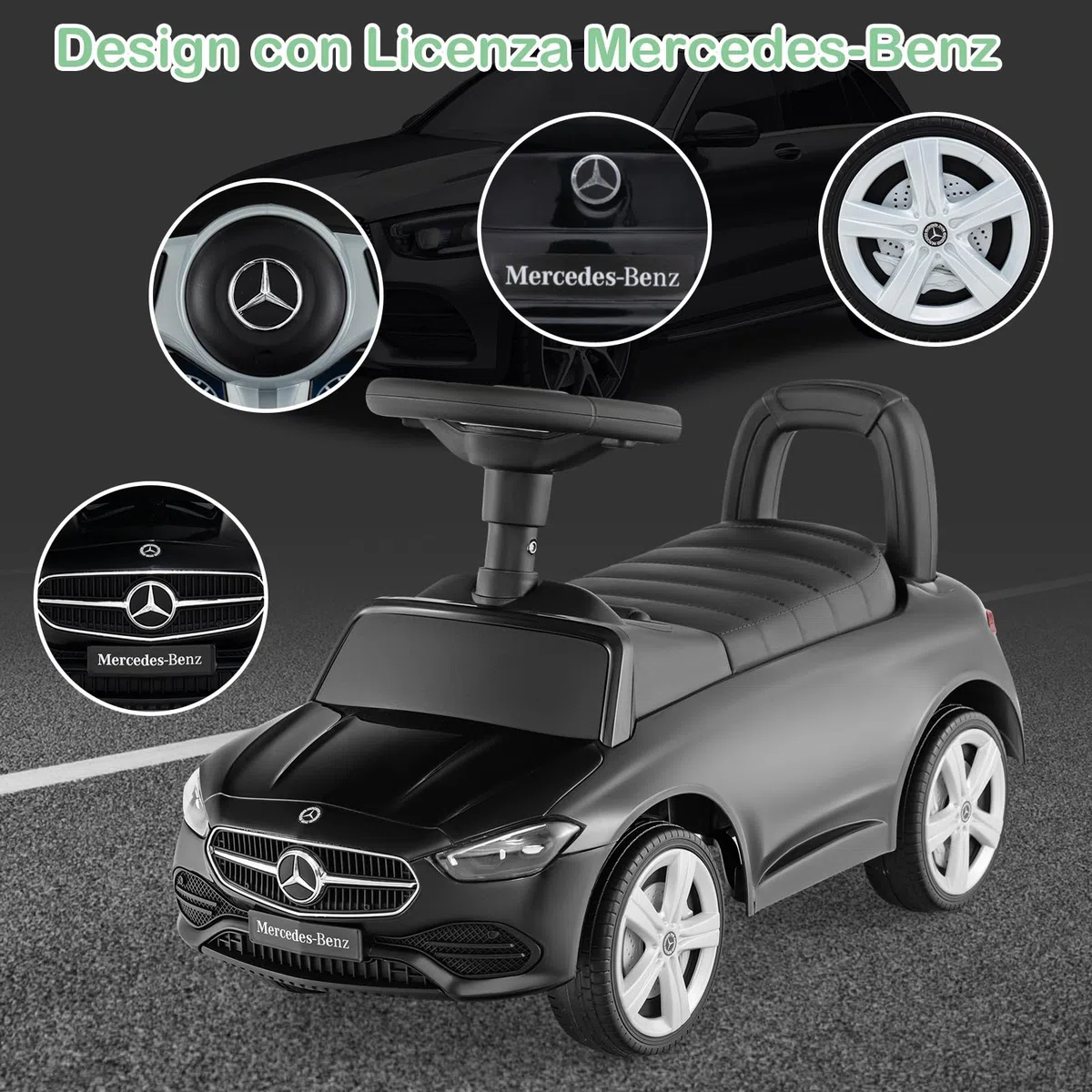 COSTWAY Mercedes Benz Macchinina Cavalcabile a Spinta per Bambini, Auto da Gioco con Volante Clacson e Suono, Spazio di Archiviazione, Auto a Spinta per bambini 1-3 Anni (Nero)