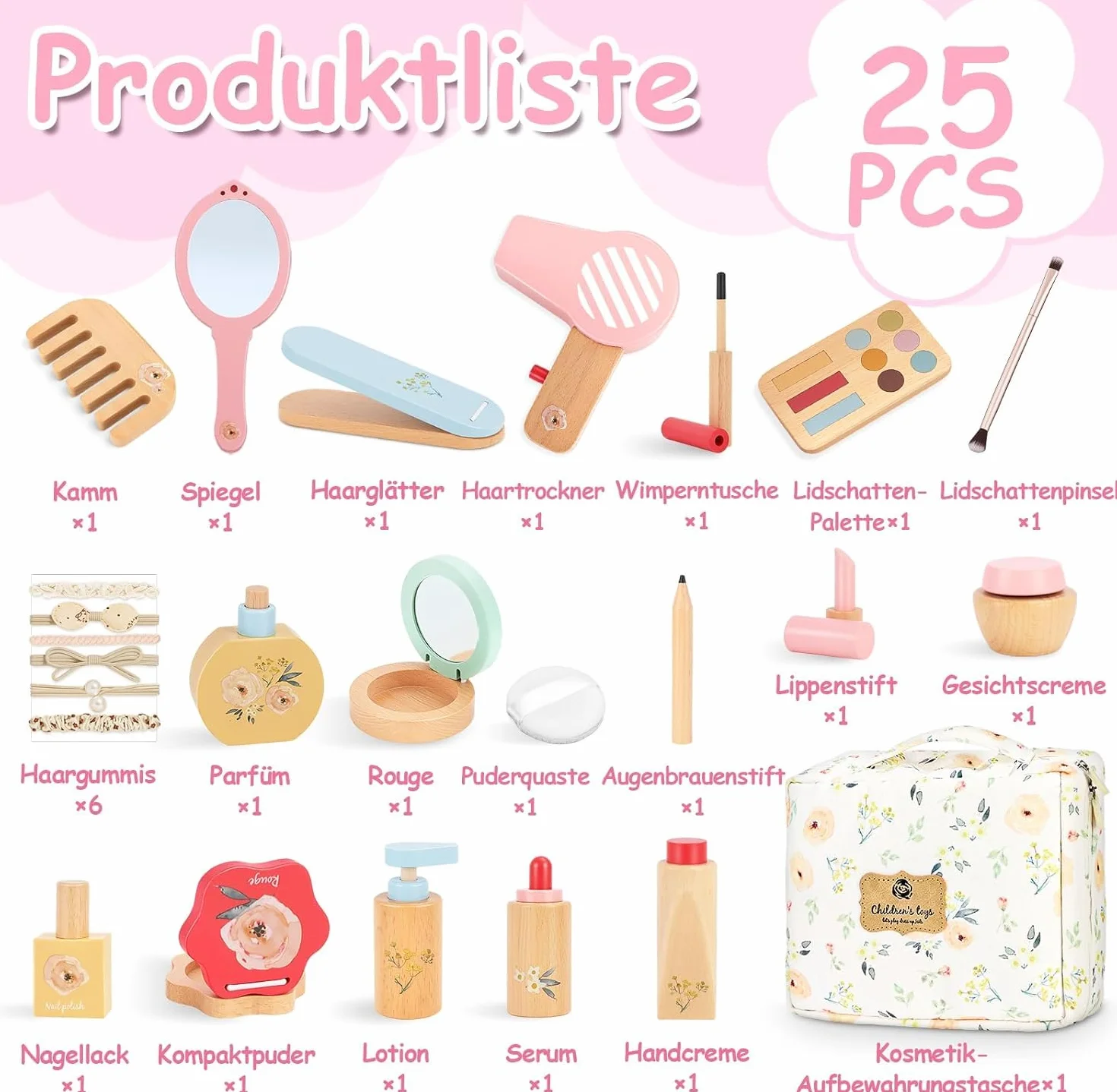 Herefun Set Trucchi Bambina in Legno Finti, 25 Pezzi Trucchi Bambina Giochicon, Set Trucco e Parrucchiere con Borsa Cosmetici e Elastici, Giocattoli Finti Montessori per Gioco di Ruolo, Regalo Bimba