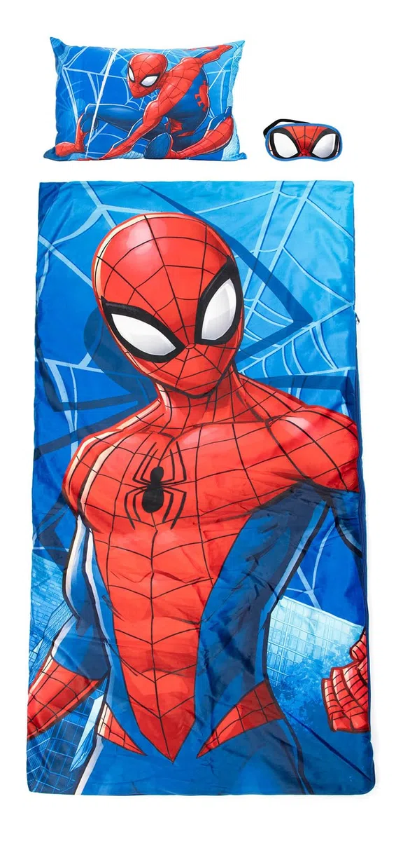 Marvel Spiderman 3 Piece Sleepover Set - Cozy & Warm Kids Slumber Bag with Pillow & Eye Mask (Official Marvel Product)