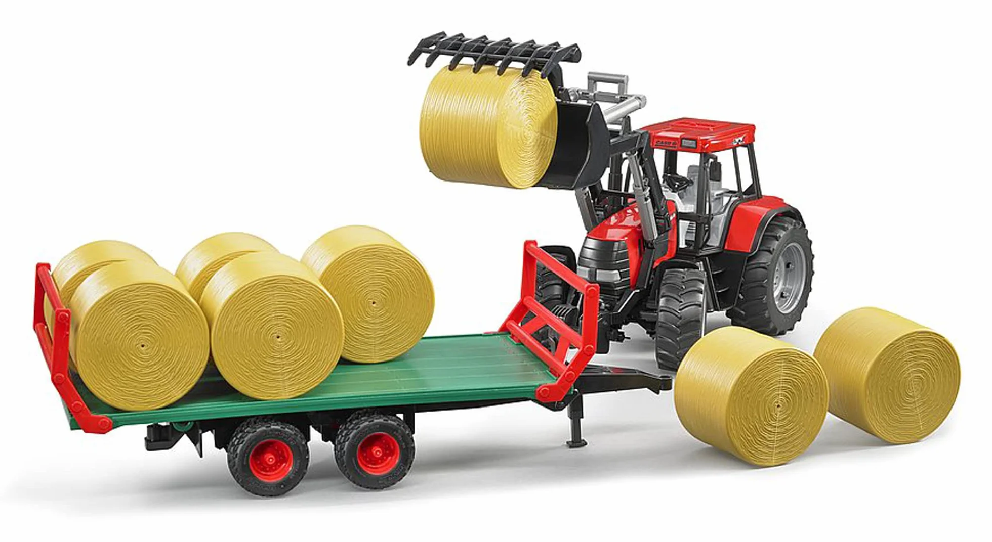 bruder 02220 - Rimorchio per trasporto balle con 8 balle rotonde, carro per balle, azienda agricola, rimorchio per trasporto
