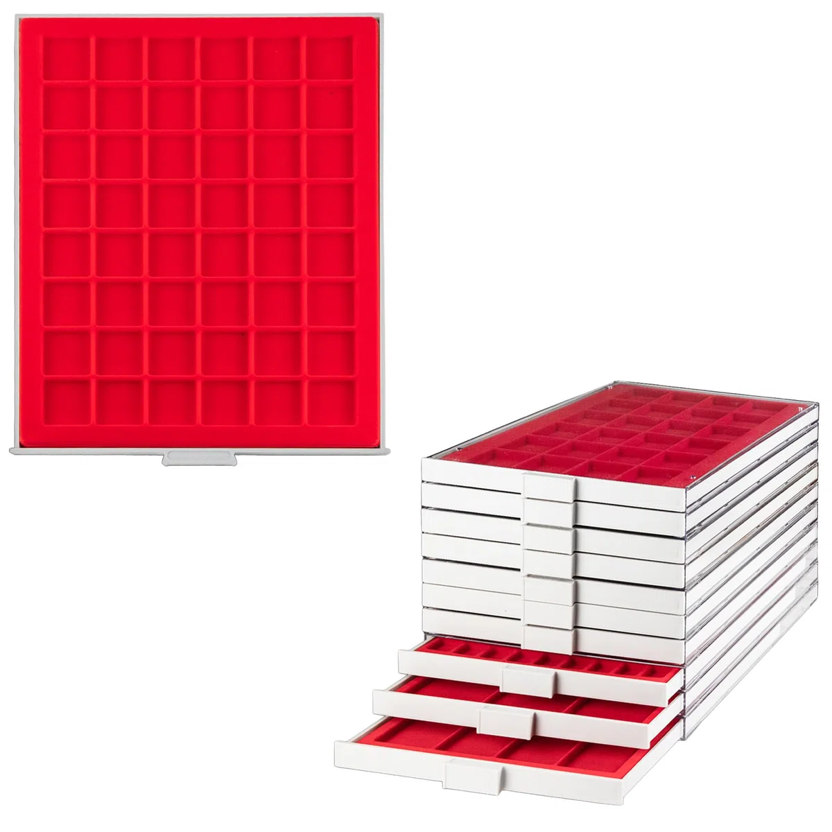 Prophila Box per monete, grigio, 48 scomparti angolari per monete fino a 30 mm (1 Oz. Canada/Maple Leaf Gold), inserire rosso