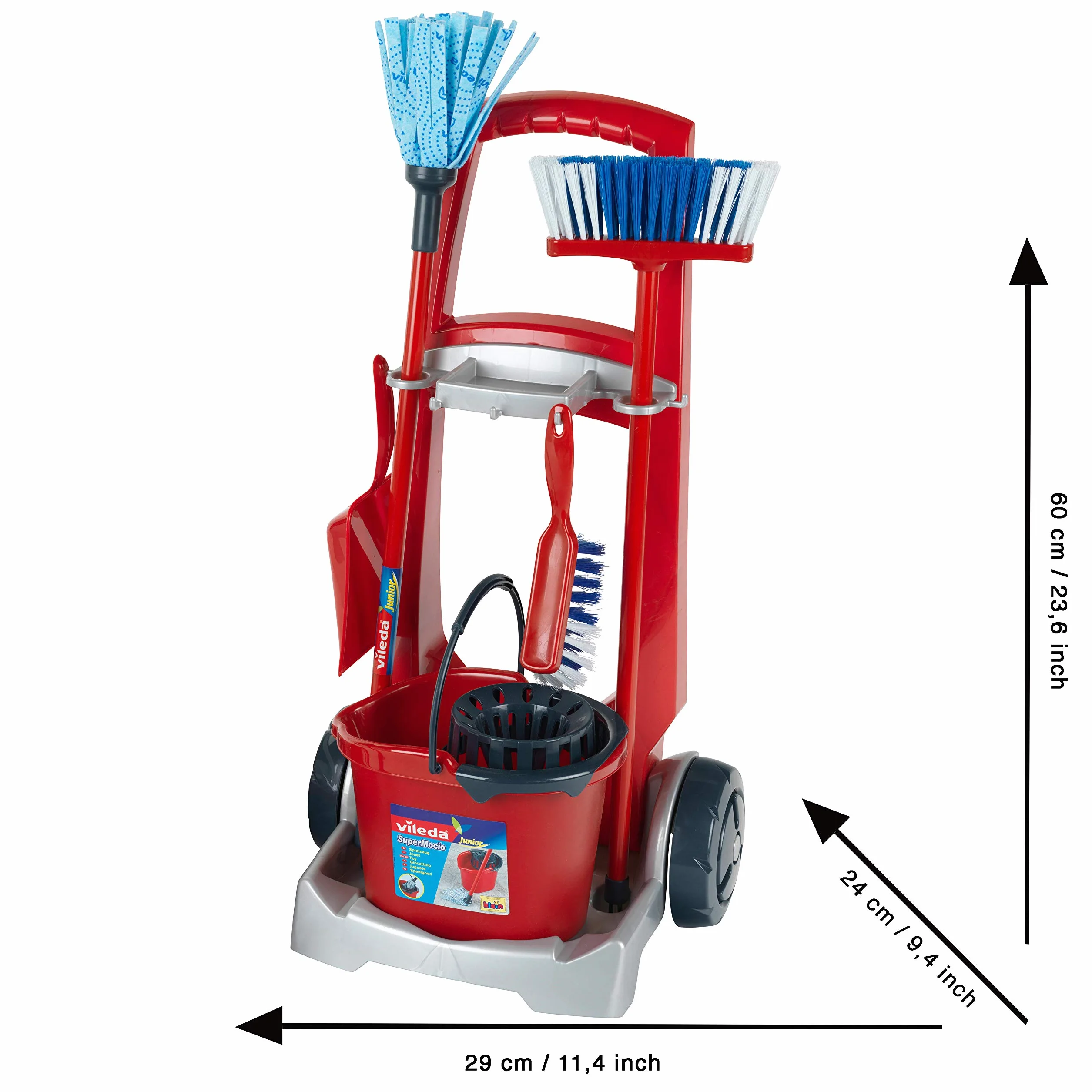 Theo Klein 6742 Carrello delle Pulizie Vileda con Scopa, mocio, Secchio e Molto Altro, con aspirapolvere a batterie con Funzione di aspirazione e Sonora, Giocattolo per Bambini a Partire dai 3 Anni