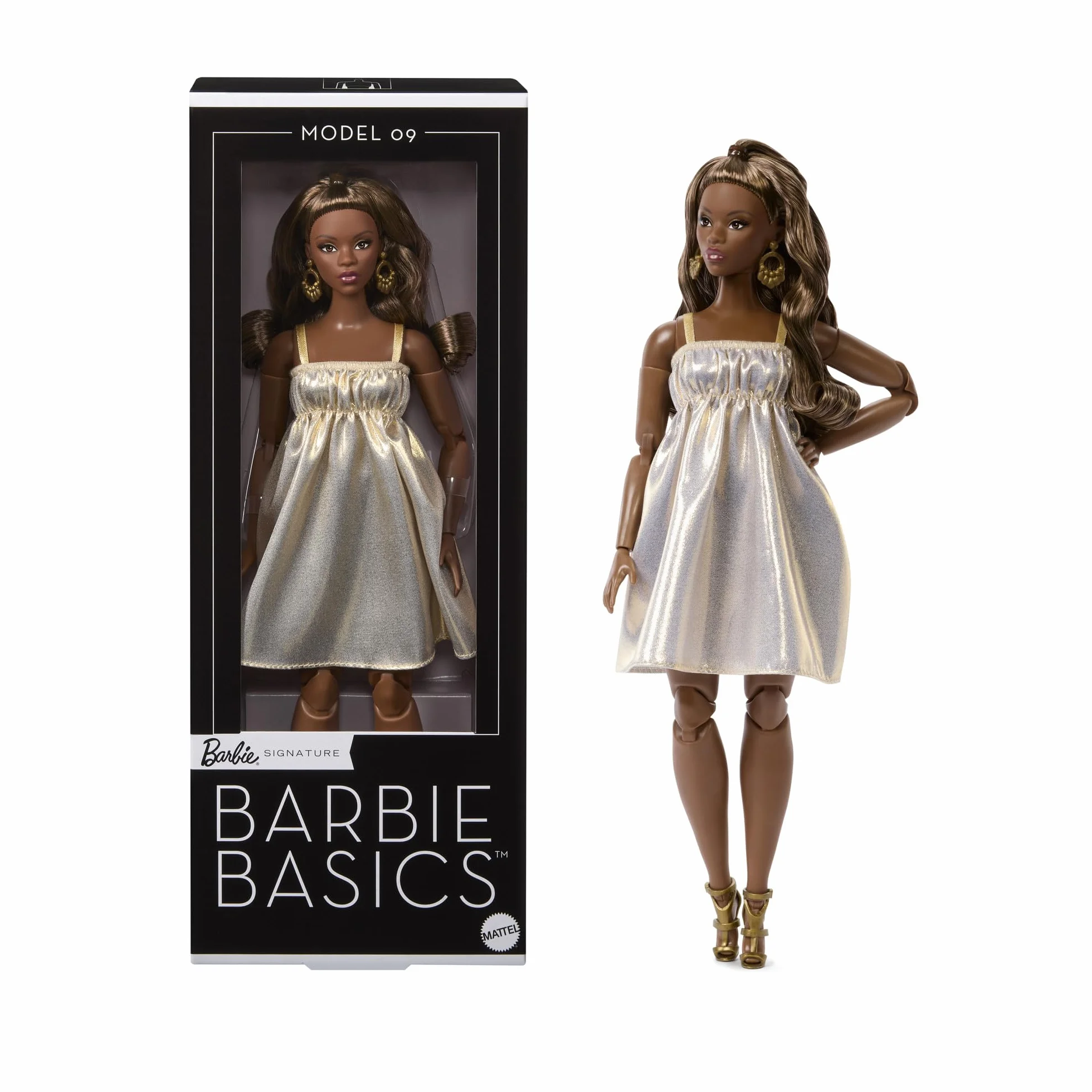 Barbie Signature - Barbie Basics Modello 09, bambola da collezione con abito dorato e capelli castani, corpo snodato, idea regalo Festa della Mamma, JJX28