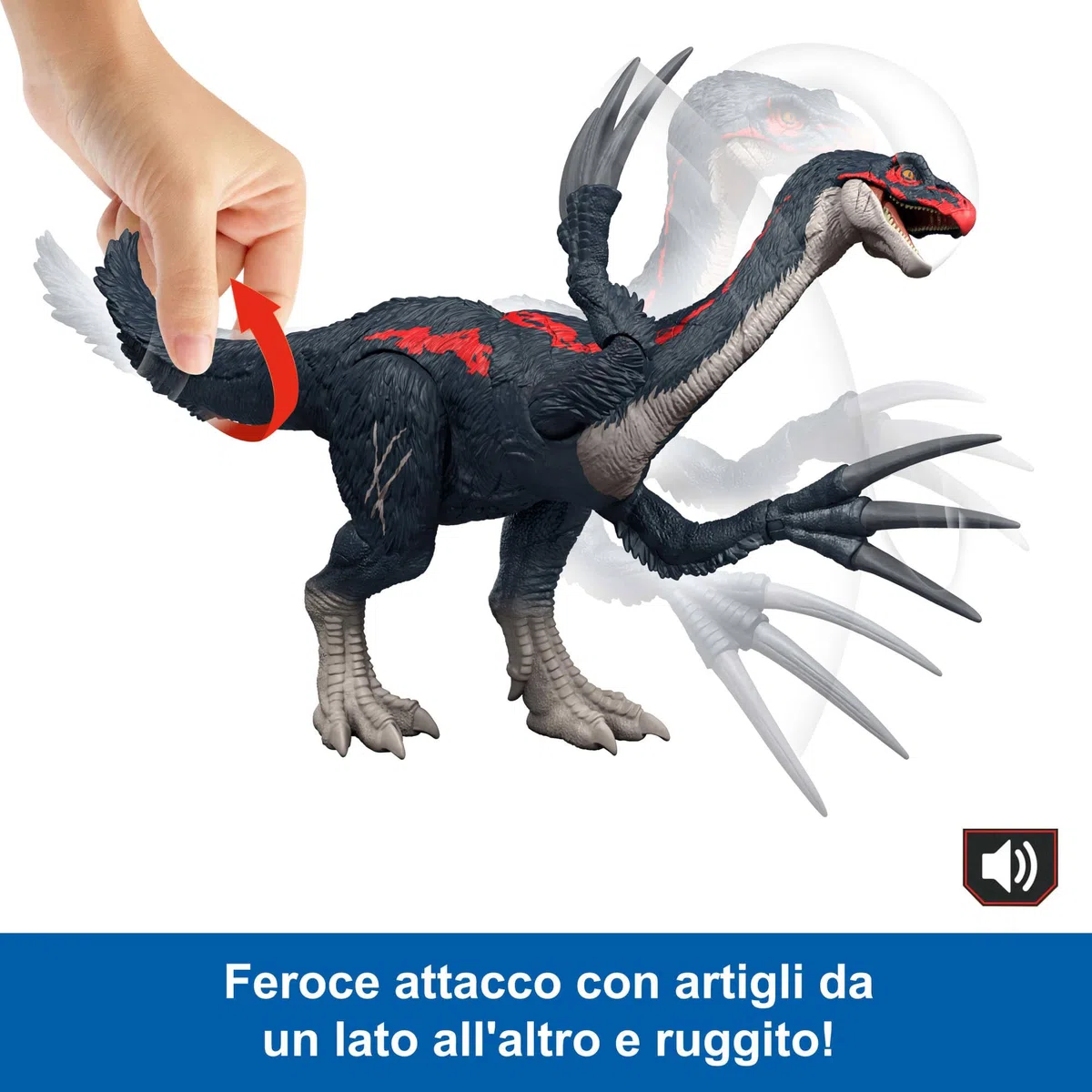 Mattel Jurassic World - Terizinosauro Attacca e Ruggisci, dinosauro con azione d'attacco, ruggito ed effetti sonori, ispirato alla serie Teoria del Caos, giocattolo per bambini, 4+ anni, JCG17