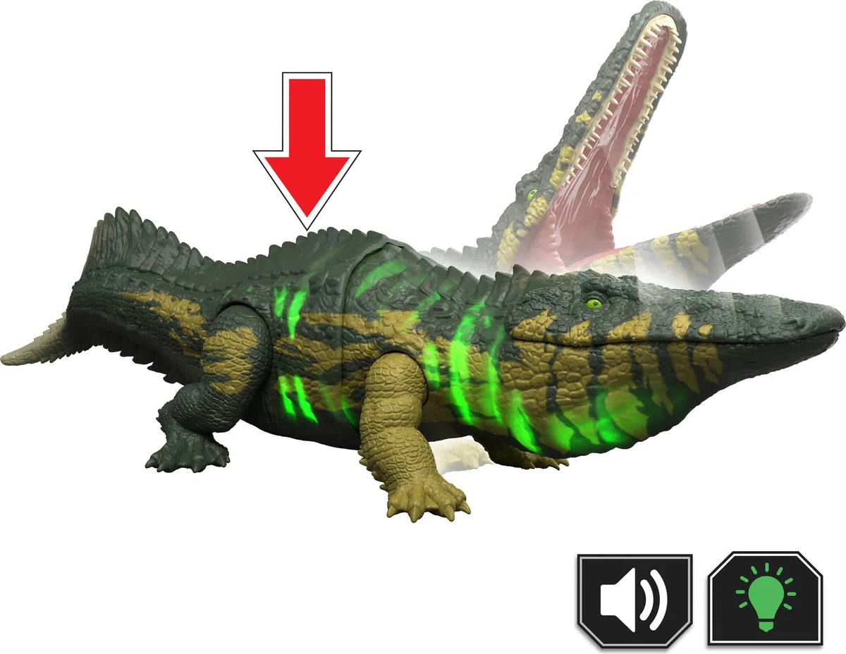 Mattel Jurassic World - Stomatosuchus Ruggito Selvaggio, dinosauro snodato con luci e suoni, premi il tasto e attiva ruggiti feroci e mosse d'attacco feroci, JKL82