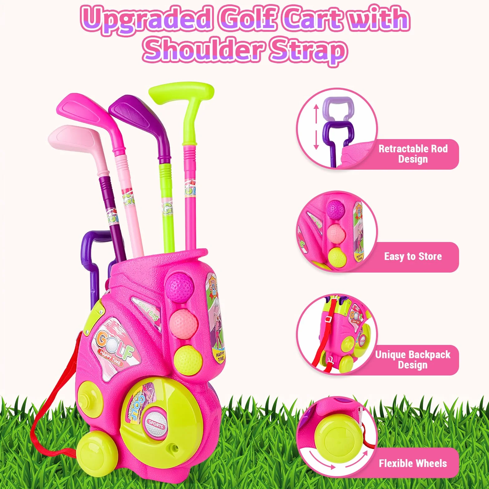 deAO Golf Set Giocattoli per Bambini, Tappetino da Golf, 4 Putter da 60CM, 6 Palline da Golf, Giocattoli per Bambini, Giocattoli da Interno Esterno Regali di Compleanno per Ragazzi Ragazze
