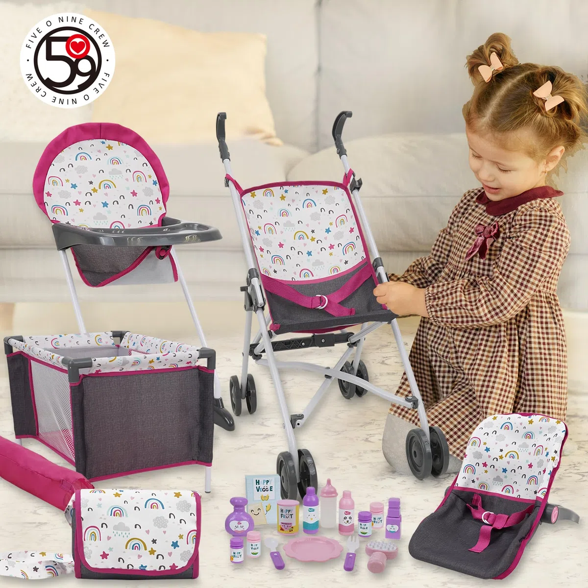 509 Crew 21 Piece Doll Stroll n Play & Care Combo Set, Stroller, Playard, High Chair Set, Carry Cot, Diaper Bag, Feeding and Grooming Accessories, Ages 3+