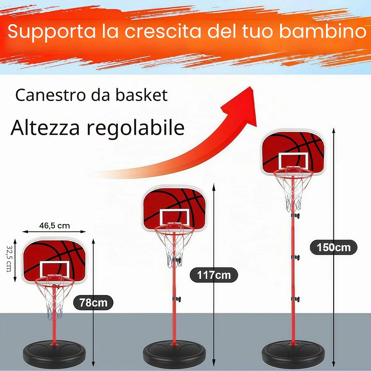 Canestro Basket Bambini, Canestro Basket Esterno con 3 Palloni, 1 Pompa, Regolabile Altezza 50-150cm, per 3 agli 8 Anni Bambini, Indoor e Outdoor