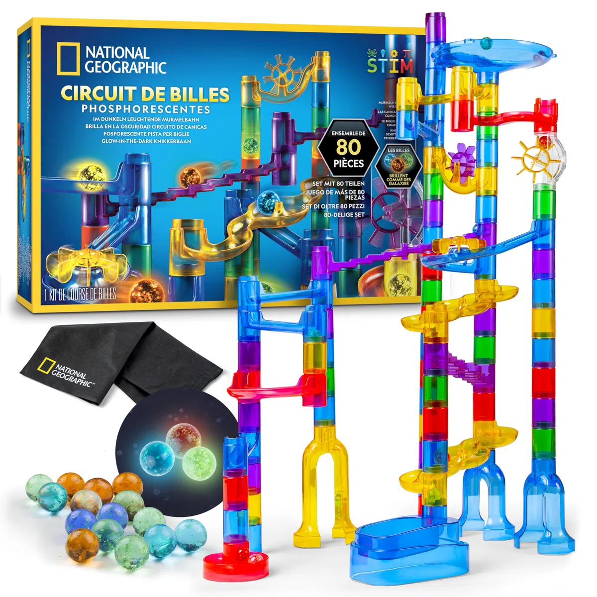 NATIONAL GEOGRAPHIC Percorso di Biglie Fluorescenti – Kit di Costruzione con 15 Biglie in Vetro che si Illuminano al Buio e Sacca, Gioco STEM per Bambini e Bambine