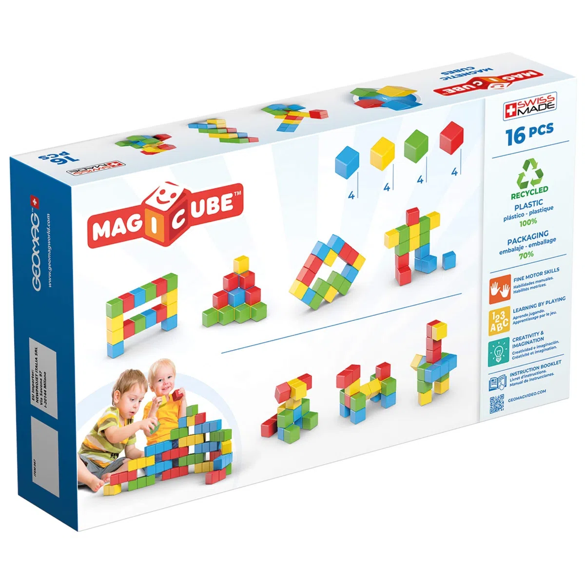 Geomag - Magicube 1+ Full Color - Cubi Magnetici per Bambini - 4 Colori - Confezione da 16 Blocchi - 100% Plastica Riciclata