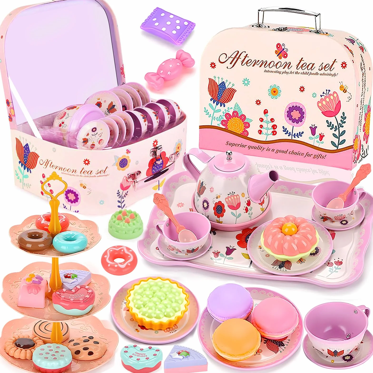 Set da tè Giocattolo per Bambini, 46 Pezzi Cibo Accessori Cucina, Dessert Giocattoli con Gelato Servizio, Giocattoli Bambina Cucina in Latta Regalo per Bambina Bambini 3 4 5 6 7 8 Anni