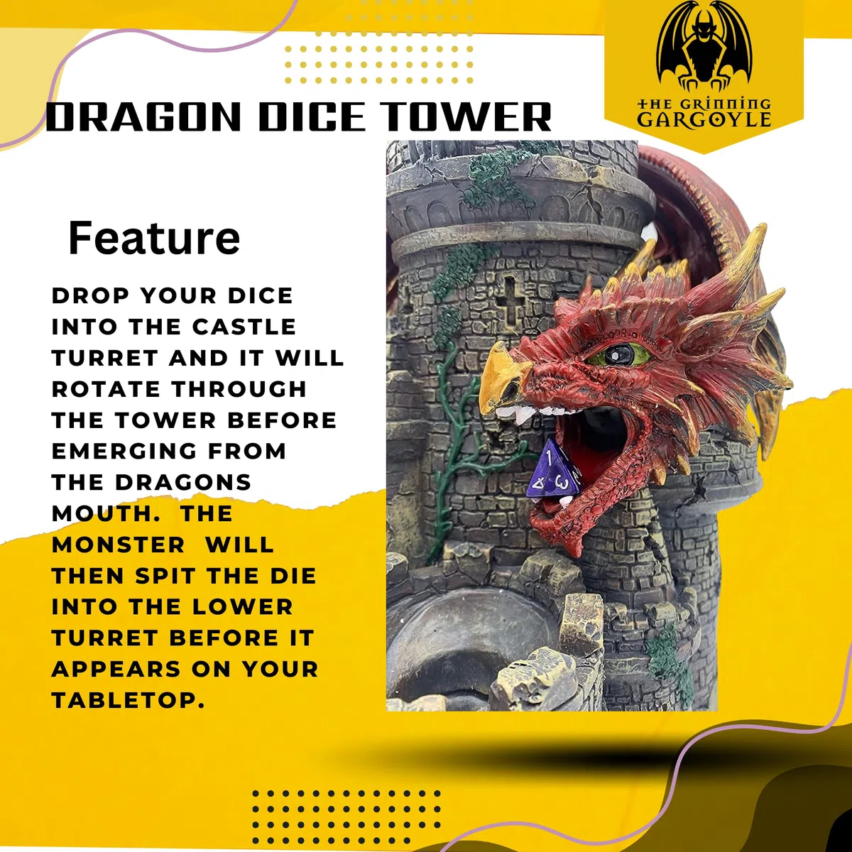 Torre dei dadi del drago rosso - Torre rotante in resina dipinta a mano da 26 cm - Perfetto per DnD, RPG e RPG da tavolo - Incredibile regalo GM
