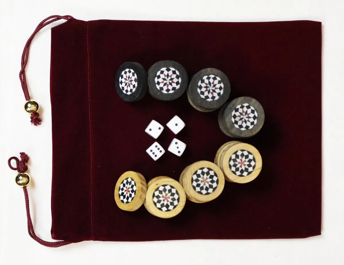 Backgammon DAMA - Pietre a mosaico in legno, realizzate a mano, 30 pezzi, con 4 pietre cubi (diametro 33 mm)