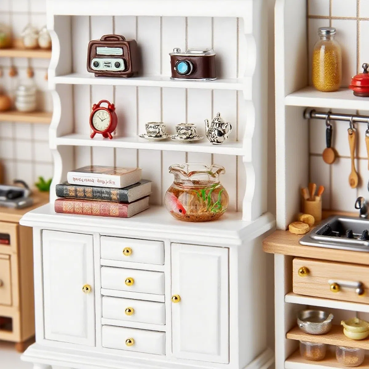 1:12 Set Librerie Per Case Delle Bambole, 11 Pezzi Mini Libreria In Legno Con Sveglia, Acquario, Libri, Tazzine Da Caffè Accessori Per Soggiorno, Sala Da Pranzo, Studio E Altre Scene