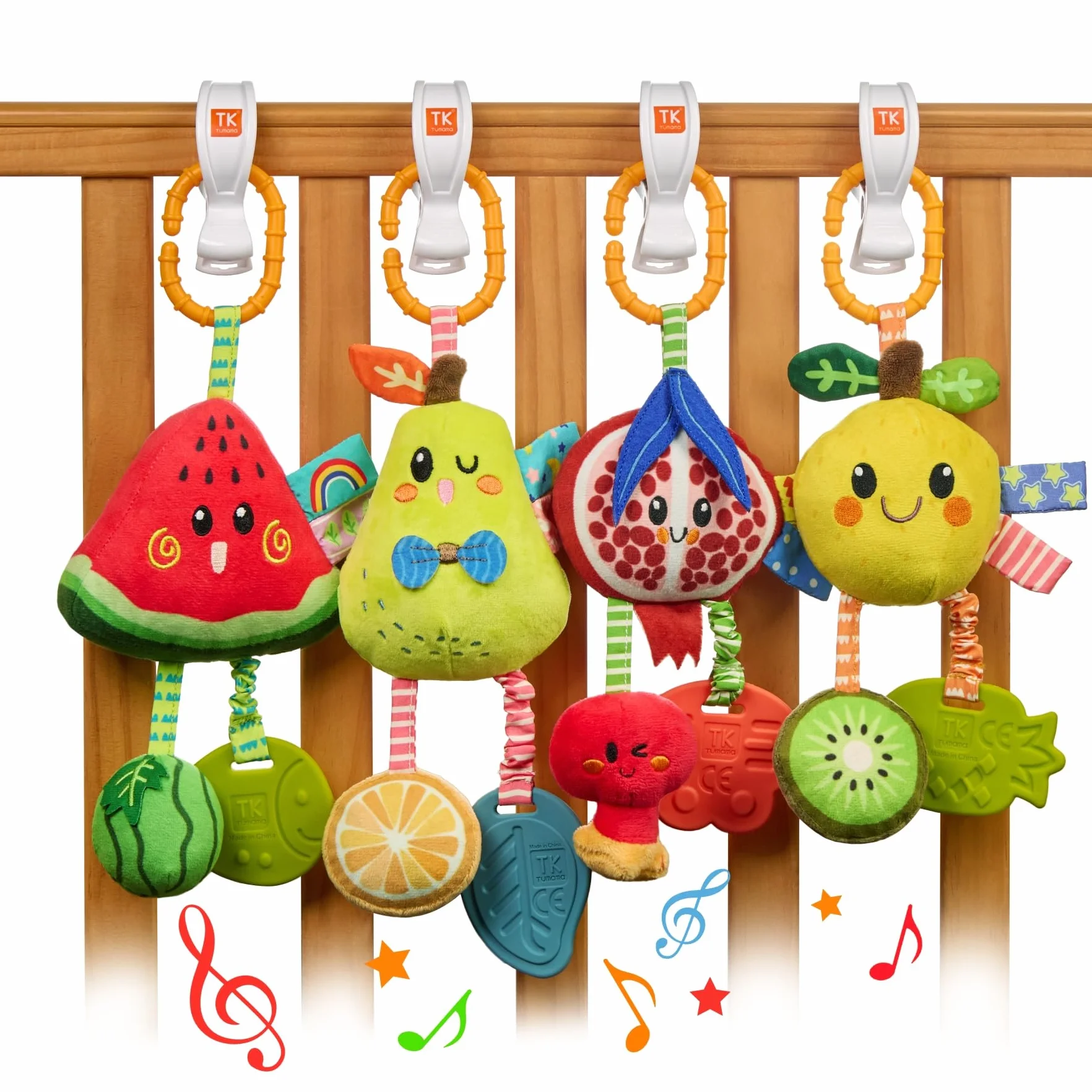 TUMAMA Giochi Sonaglio Per Neonato 0 3 4 6 9 12 Mesi, Gioco Montessori Sensoriali Per Neonati Passeggino Accessori Con Campana, Peluche Frutta Giocattoli Per Auto Culla Femmina Maschio Regalo (4pcs)