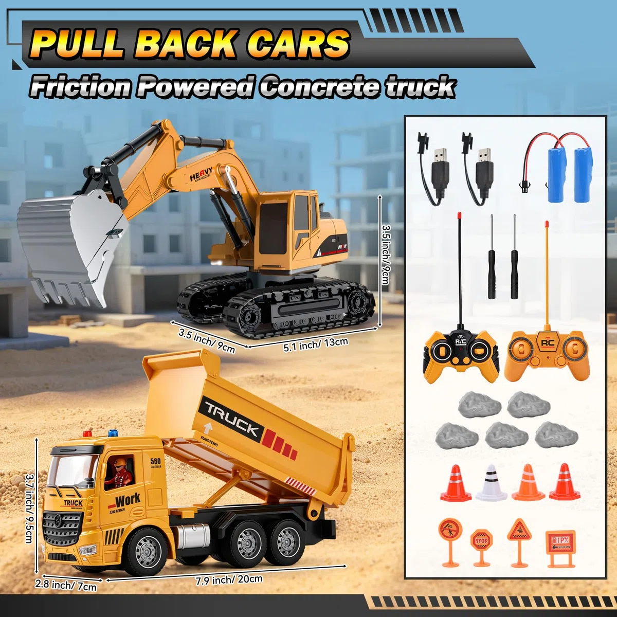 Camion Ribaltabile Telecomandato, 2.4GHz Veicolo da Costruzione RC per Bambini, Escavatore Radiocomandato con Barriere, Pietre Simulate, Luci e Rumori ecc, Giochi Bambini 4-12 Anni Regalo (A)