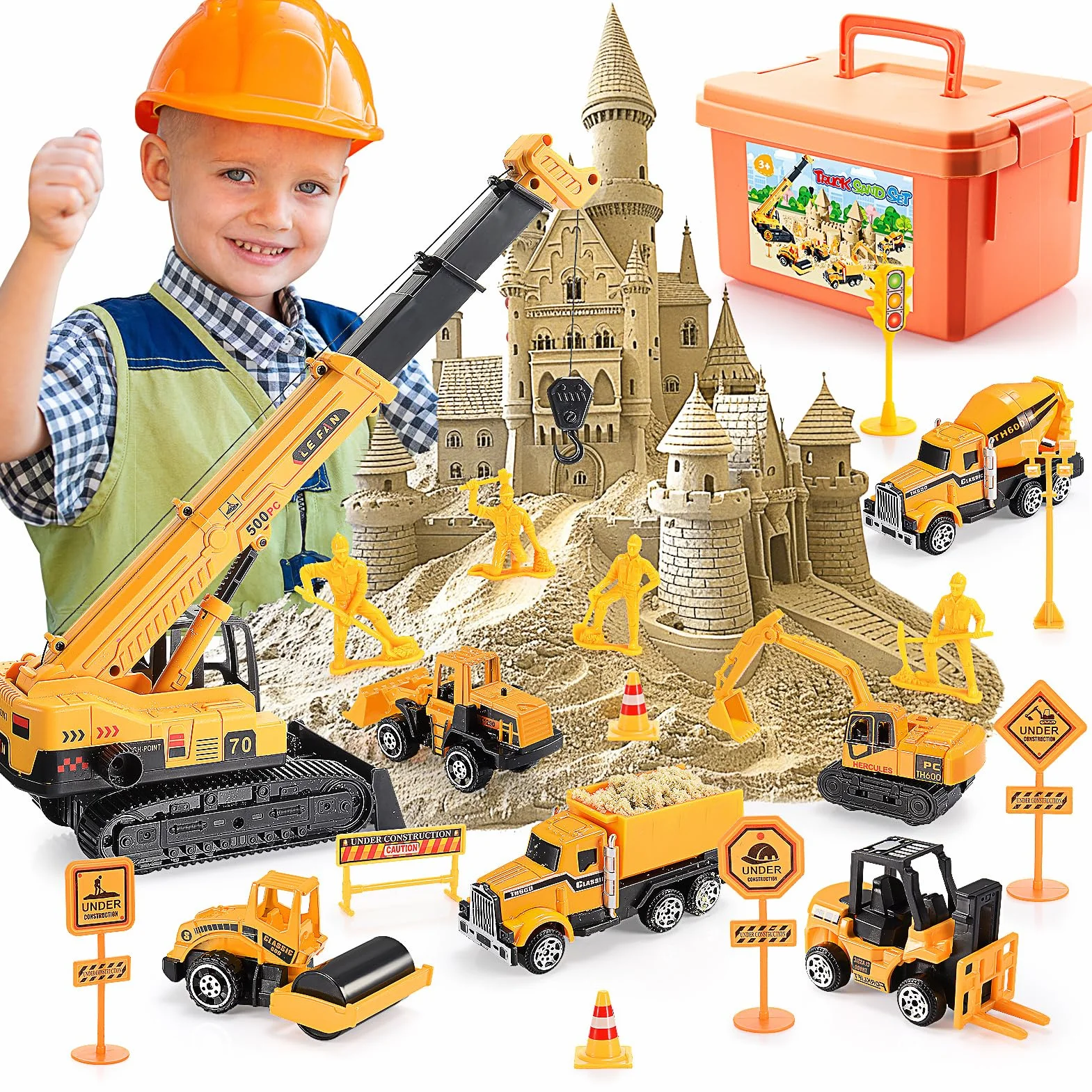 Geebiiny Sabbia Cinetica Bambini, Giochi Bambini 3-10 anni Trattore Escavatore Betoniera Gru Giocattolo per Bambini Regalo Bambini 3 4 5 6 7 8 anni Sabbia Magica Sabbiera per Bambini