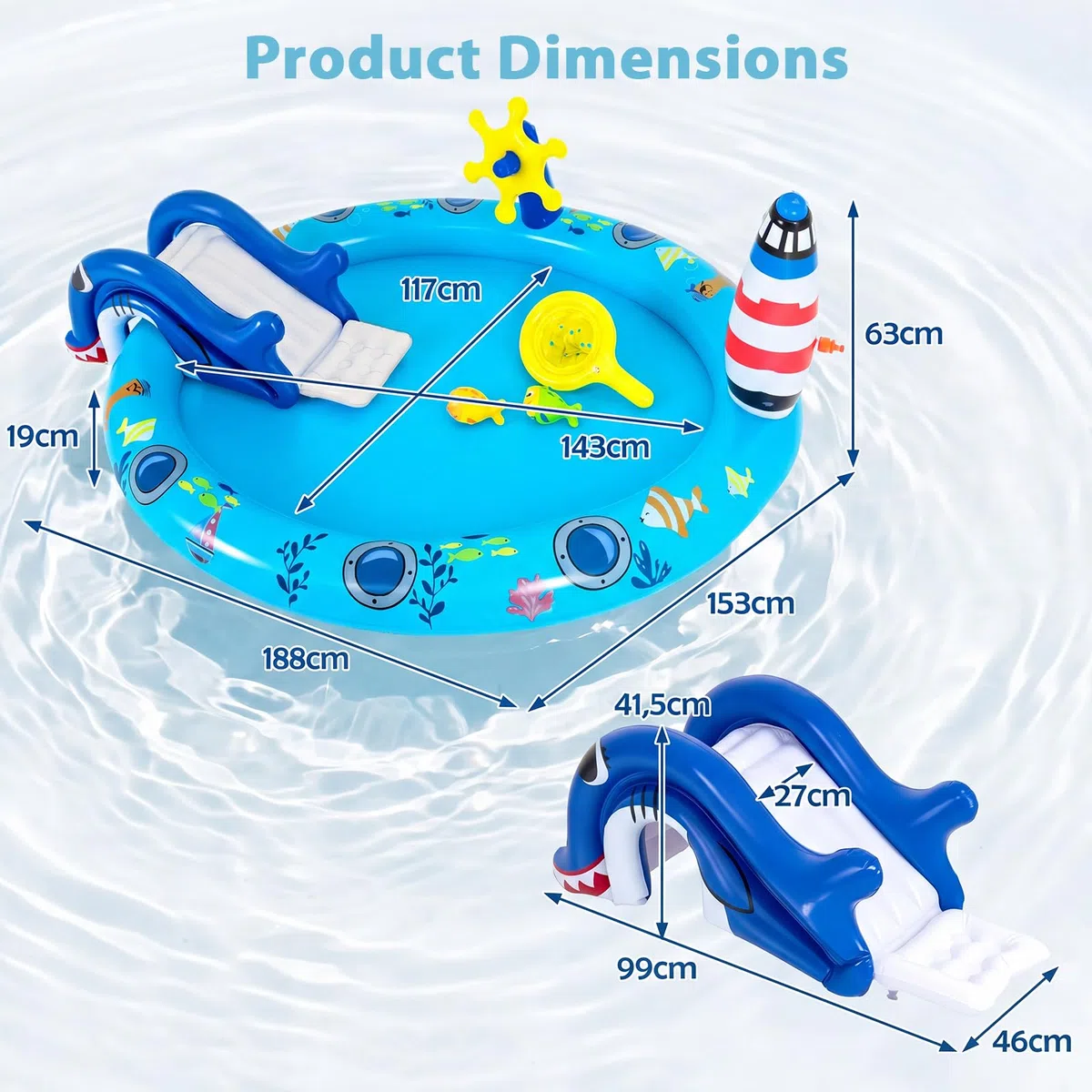 HOMASIS Piscina Gonfiabile per Bambini 2-6 Anni, Piscinetta con Scivolo Sicuro, Spruzzo a Faro e Giocattoli, Parco di Giochi in Vinile, Gonfiaggio Facile, per Cortile e Giardino, 188 x 153 x 63 cm