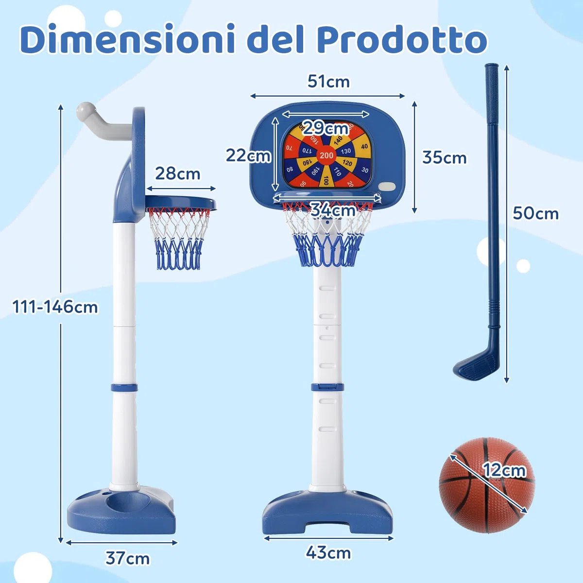 RELAX4LIFE Canestro da Basket 4 in 1 con Pallone da Basket, 2 Palline Adesive, 2 Palline da Golf, Bastone da Golf e 2 Anelli, Base riempibile, Set di Canestro Interno per Bambini 3 Anni＋