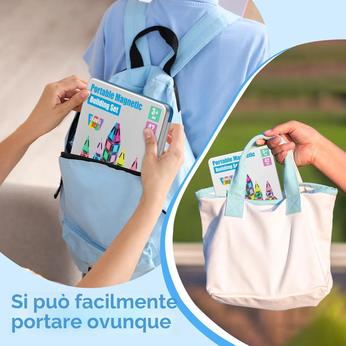 Set di 42 mattonelle magnetiche da viaggio per bambini, portatili, da viaggio, mini piastrelle magnetiche, giocattoli magnetici, scatola da costruzione montessori, giocattolo regalo per bambini di 3+