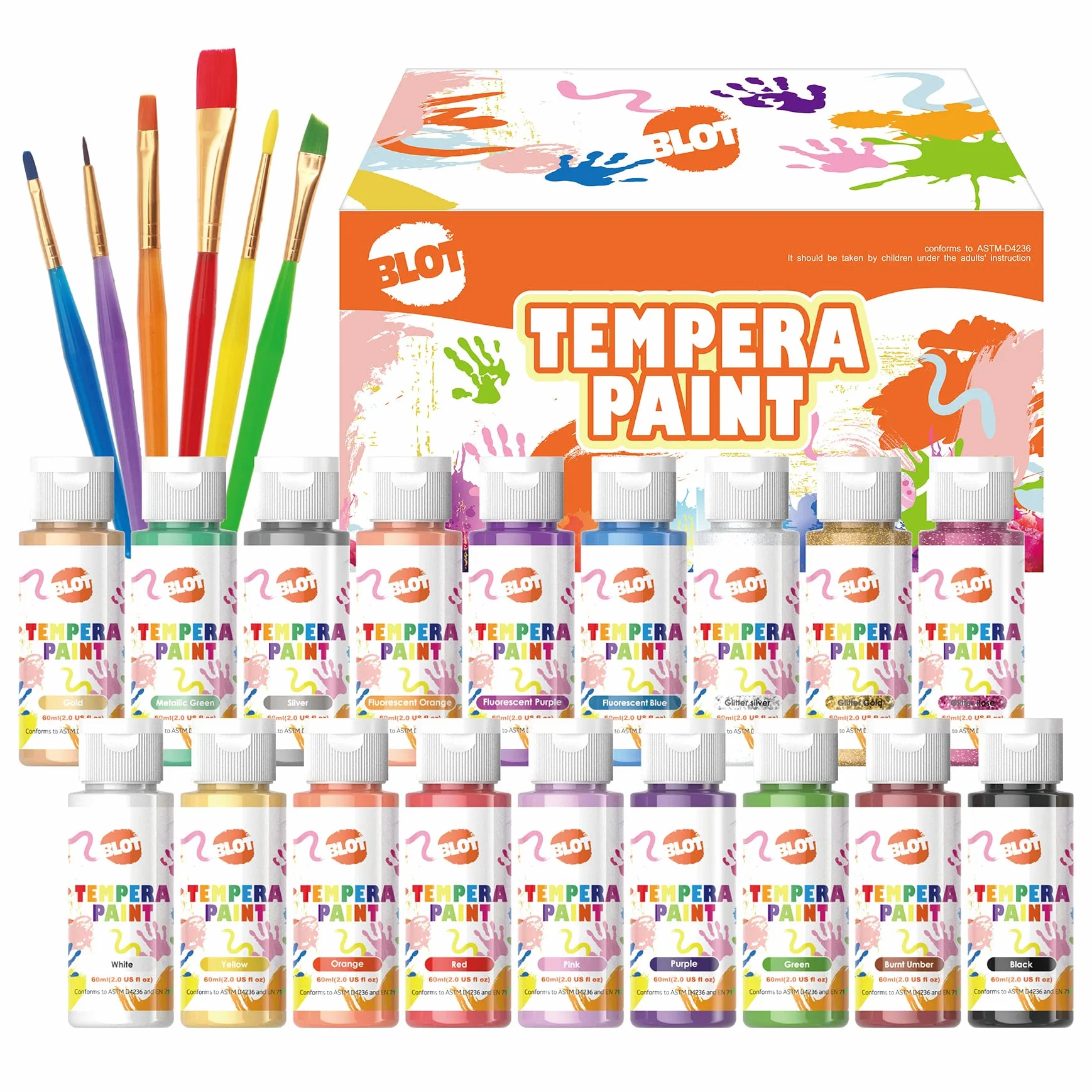 BLOT Tempera Pittura Bambini 18 Colori Lavabili Colori a Dita Atossici Tempera Vernice con Fluorescente Glitter Metallico per Dipingere Poster Fai da Te
