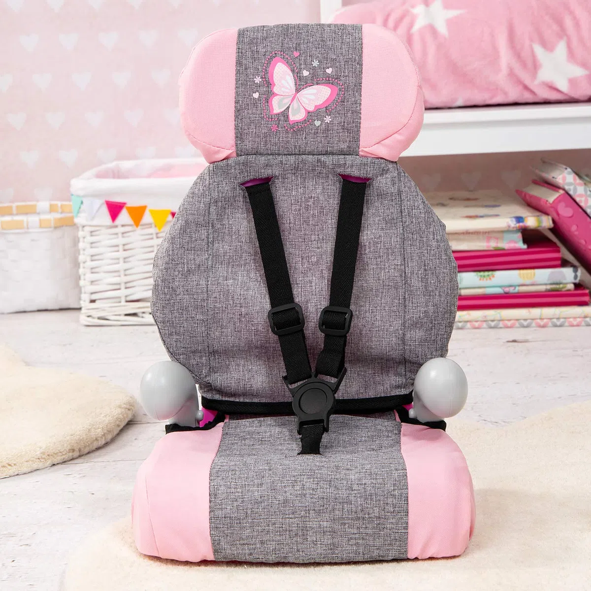 Bayer Design- Giocattolo, Seggiolino Auto, Accessori per Bambole con Cintura, Moderno, Colore Jean Gris, Rose avec Papillon, 67533AA