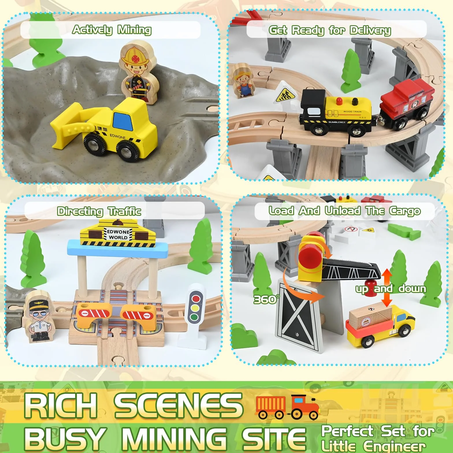 HERMORRYSS Treni in Legno per Bambini, Set di 100 pezzi Treni e Giocattoli in Legno, Ferrovia Ingegneristica con Gru Magnetica, Treno Elettrico, Figure Umane, Luci di traffico, Regalo per Bambini 3+