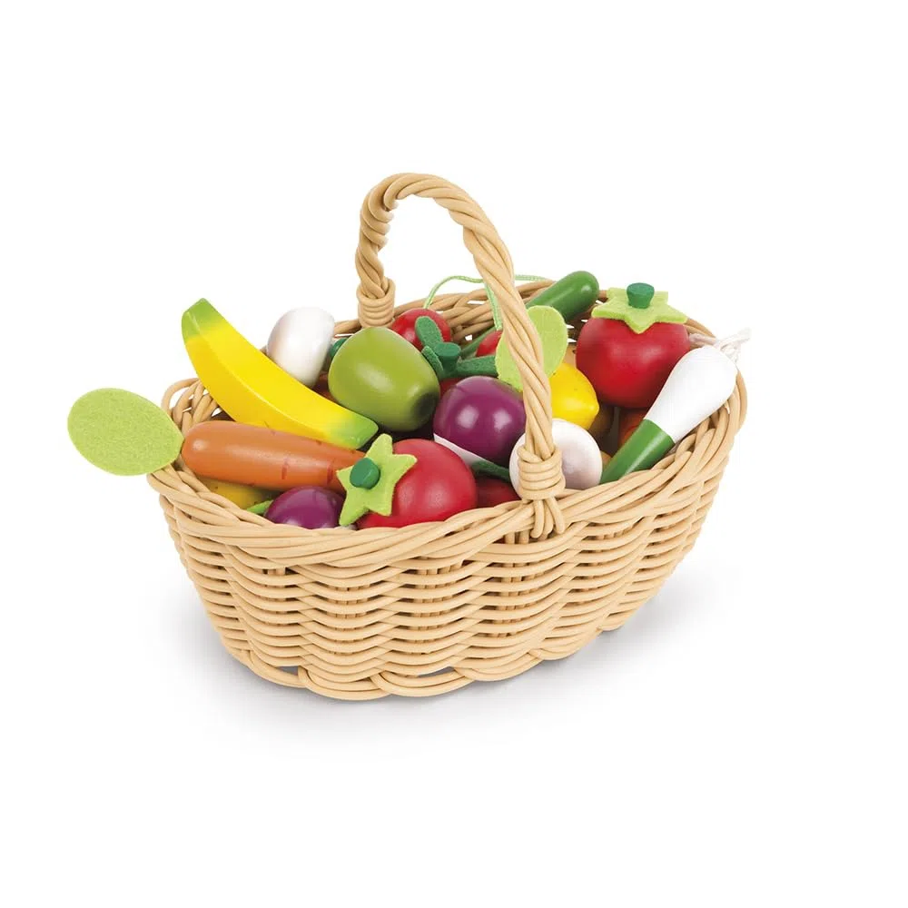Janod - Cestino di 24 Frutti e Verdure - Giocattolo Imitativo Cestino della Spesa - Ideale per Giocare al Negoziante - Da 3 Anni in Su, J05620