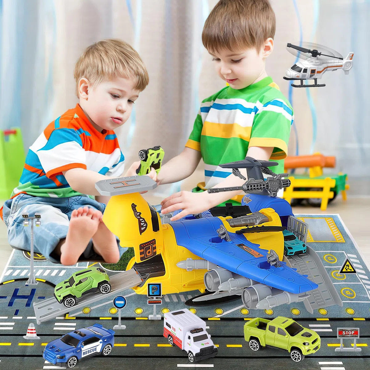 deAO Trasporto Aereo e Set di Giocattoli per Auto, Trasporto Aereo Auto Giocattolo Aerei Giocattolo per Bambini, Aereo da Trasporto con 1 Elicotteri 8 Mini Auto 10 Segnali Stradali Regalo per Bambin