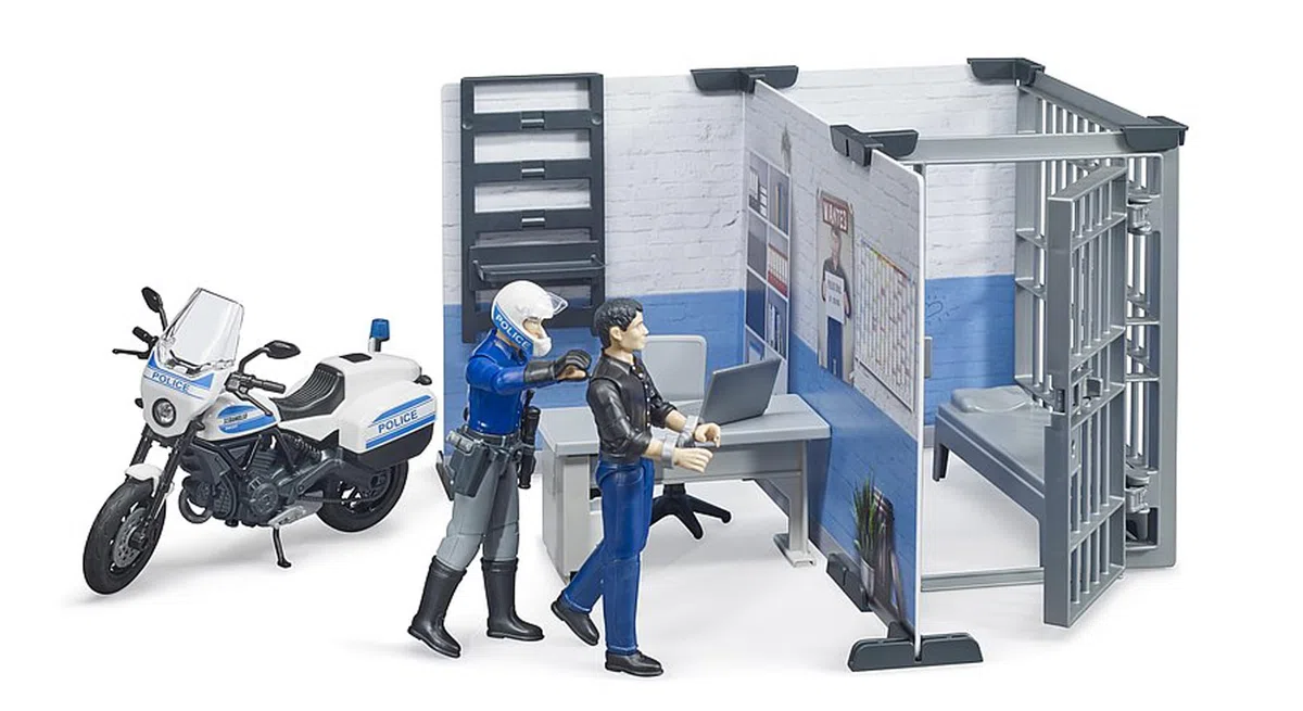 bruder 62732 - stazione di polizia bworld con moto della polizia, veicolo di emergenza, prigione