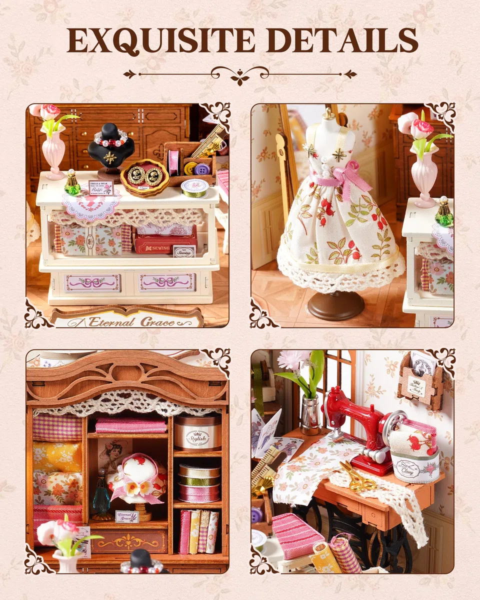 ROBOTIME Kit Casa delle Bambole in Miniatura Elsa's Tailoring, Kit di Costruzione in Legno con Luci LED, Miniature da Costruire per Adulti, Decorazione per la Casa, Regalo per Donne e Ragazze