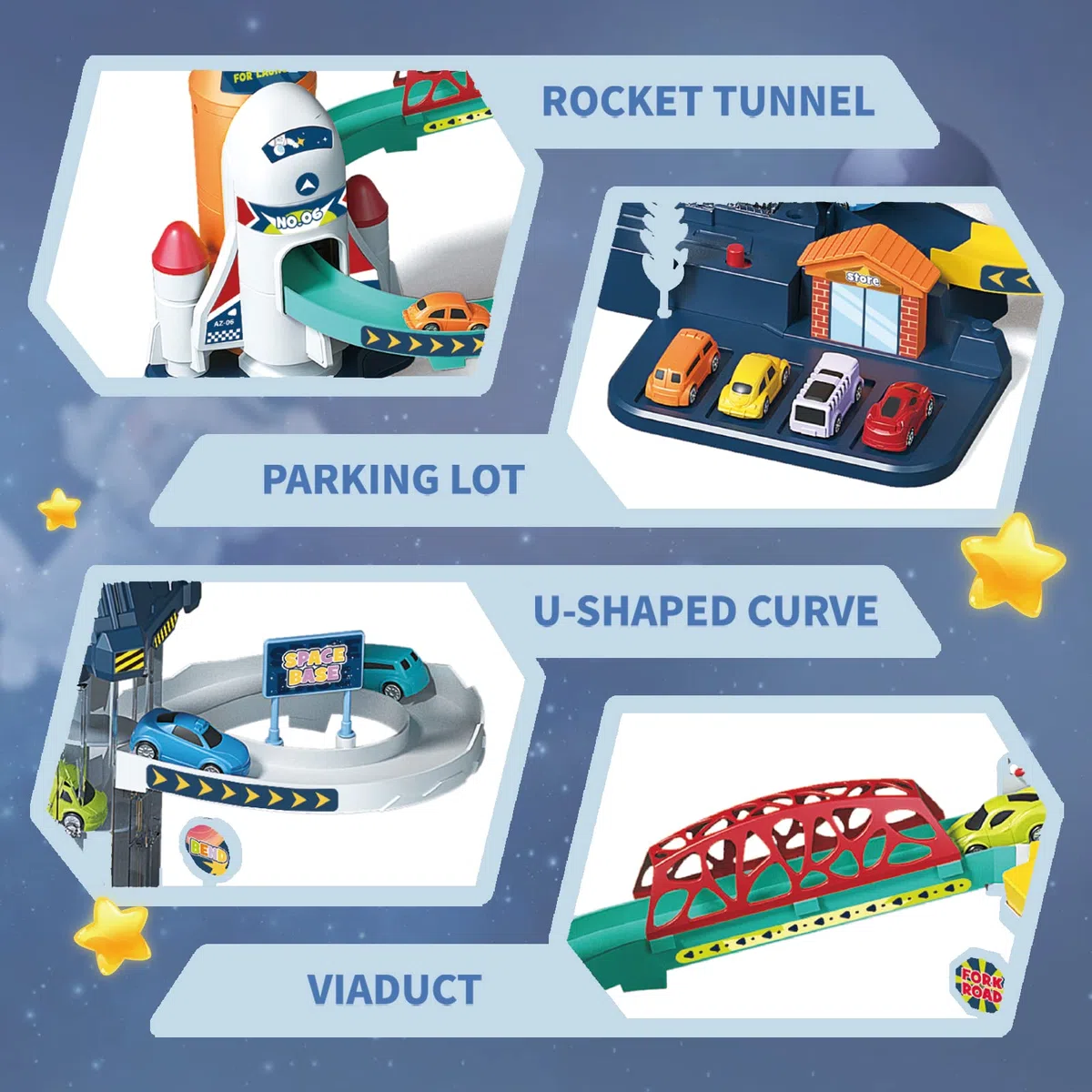 RedCrab Ascensore per auto da corsa per ragazzi, rampa spaziale per bambini rampa per arrampicata colline parcheggio avventura playset, auto satellitari garage pista con ascensore elettrico giocattolo