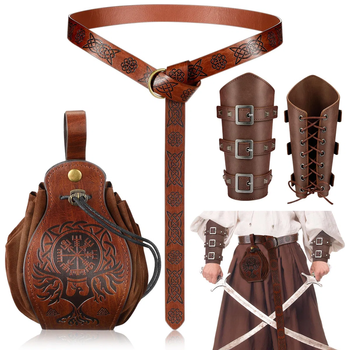 SATINIOR Set di Accessori per Costumi Medievali di Halloween Bracciali Medievali in Pelle Cintura Medievale in Rilievo Marsupio Rinascimentale Costume da Cavaliere (Motivo a bússola in rilievo)