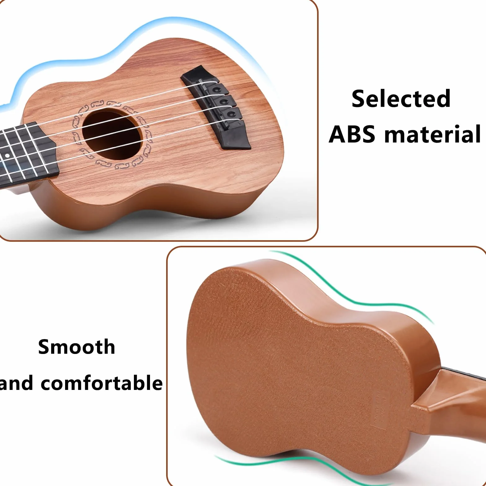 Mini chitarra, chitarra per asilo, giocattolo in plastica, ukulele per chitarra, giocattolo, ukulele per bambini, con 4 lati regolabili, per bambini (38 cm/marrone chiaro)