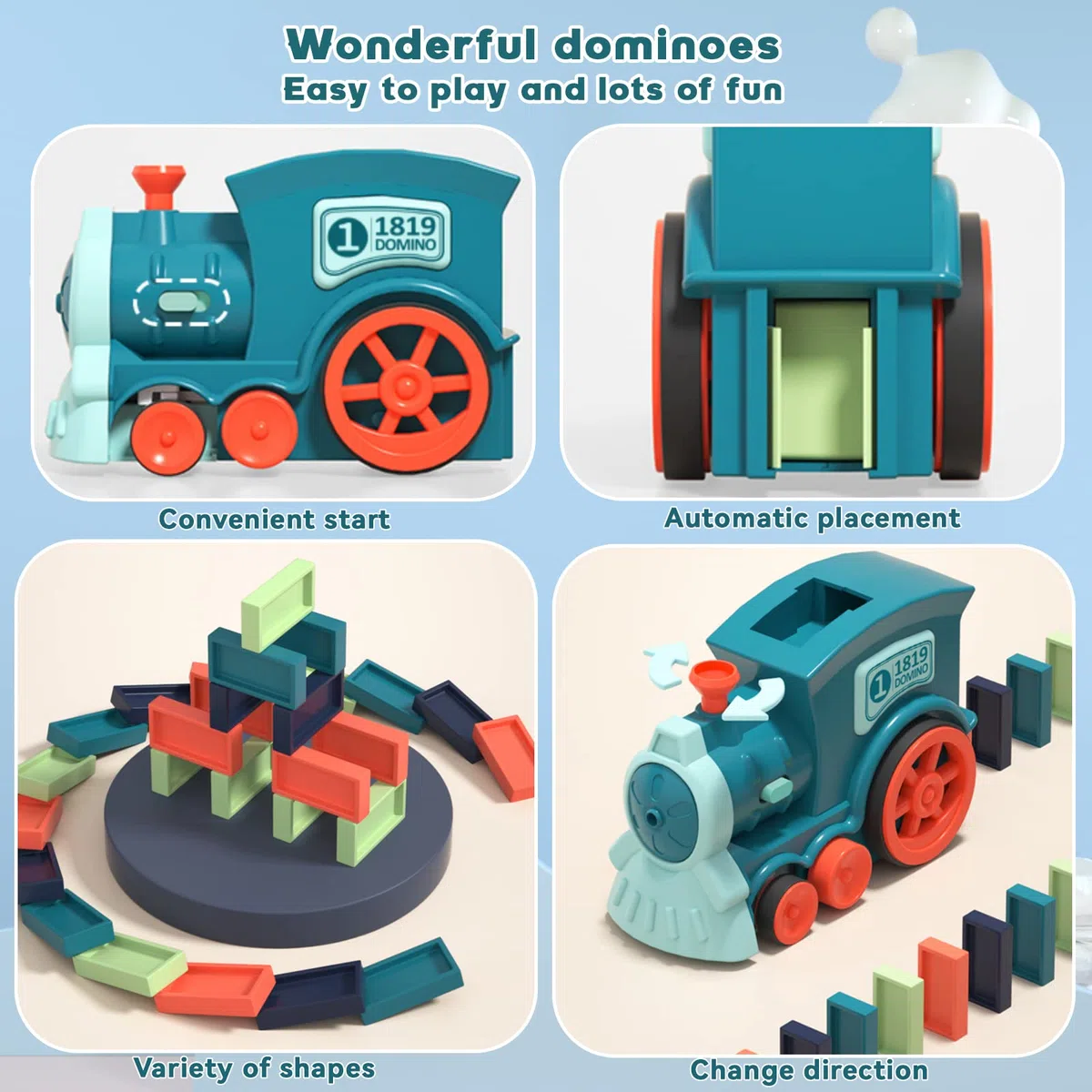 Giocattoli per Treno Domino per Bambini, 100 Pezzi di Domino Automatico che posa il Treno Elettrico con Suono, Gioco di Impilamento dei Blocchi, Giocattoli per Bambino e Bambina di 3+ Anni (Ciano)