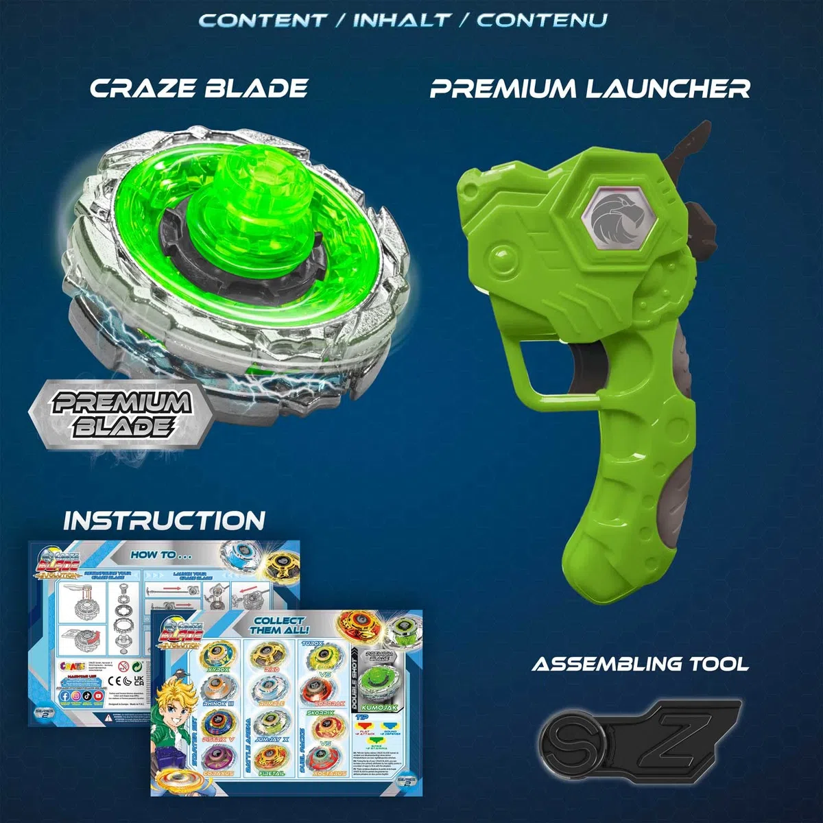 CRAZE BLADE Evolution Double Shot Premium, Trottola bambini, Trottola con lanciatore speciale, Spinner da combattimento con due Anelli di metallo