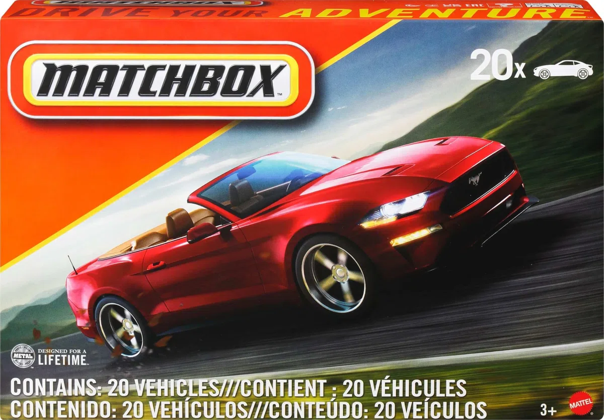 Matchbox - Confezione da 20 veicoli originali e ufficiali da collezione, auto e truck in metallo in scala 1:64 e poster Matchbox incluso, giocattolo per bambini, 3+ anni, FGM48