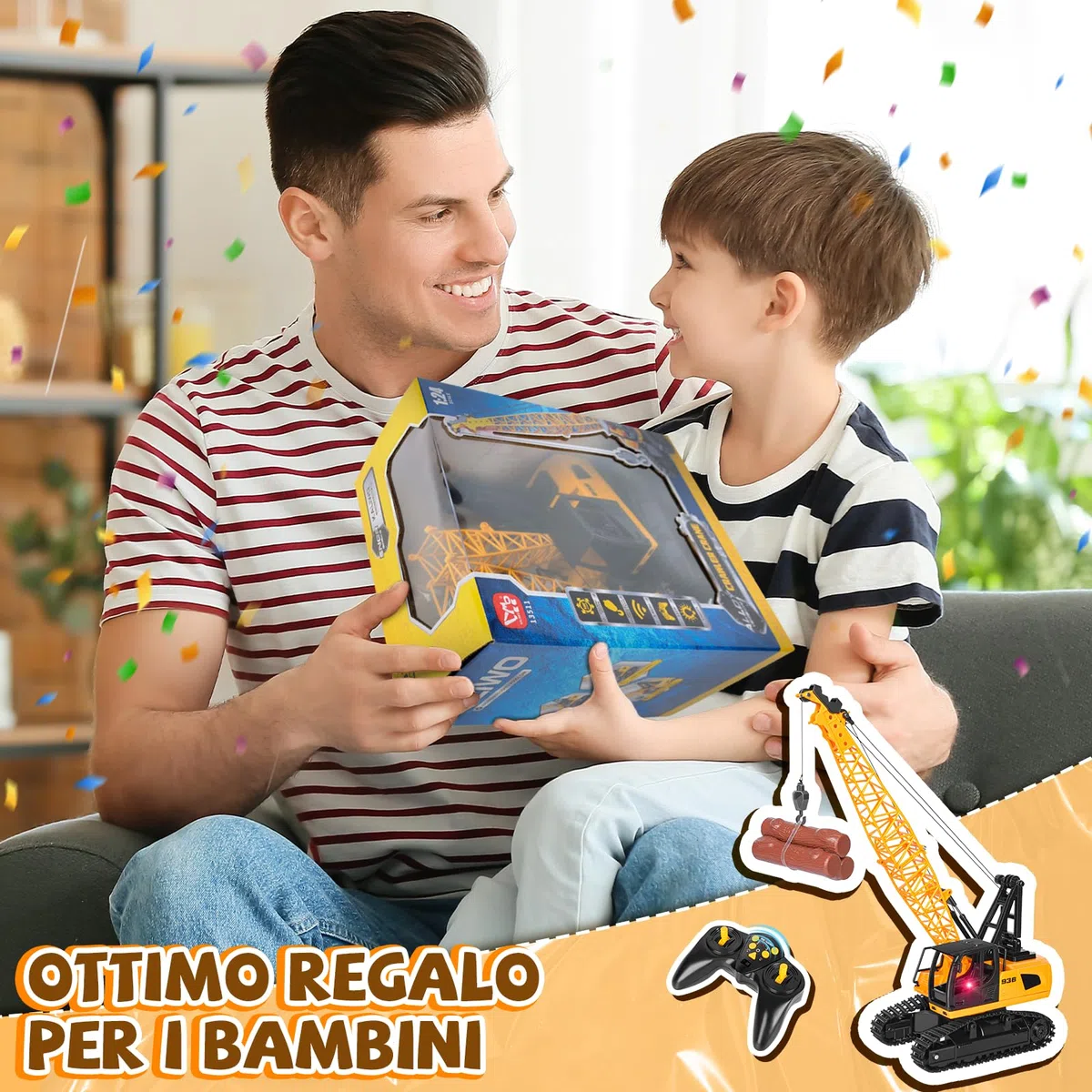 Charmofun Gru Giocattolo per Bambini, Gru Telecomandata a 12 canali, 2,4G Gruetta RC con Luci e Suoni, Regali di Natale per Bambini per La Festa del Compleanno