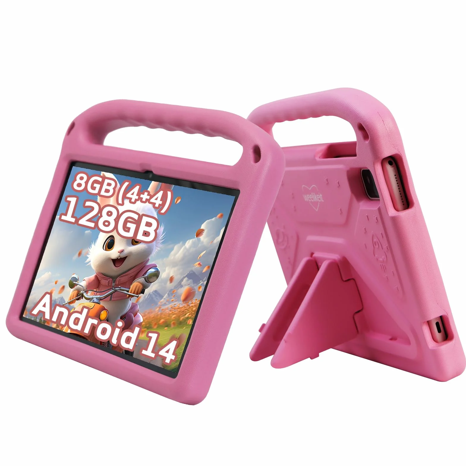weelikeit Tablet per bambini aggiornato 2024 da 10 pollici Android 14 con custodia, 8 (4+4) GB di RAM 128 GB di ROM, Bluetooth WLAN, controllo bambini, schermo HD, batteria da 6000 mAh, rosa