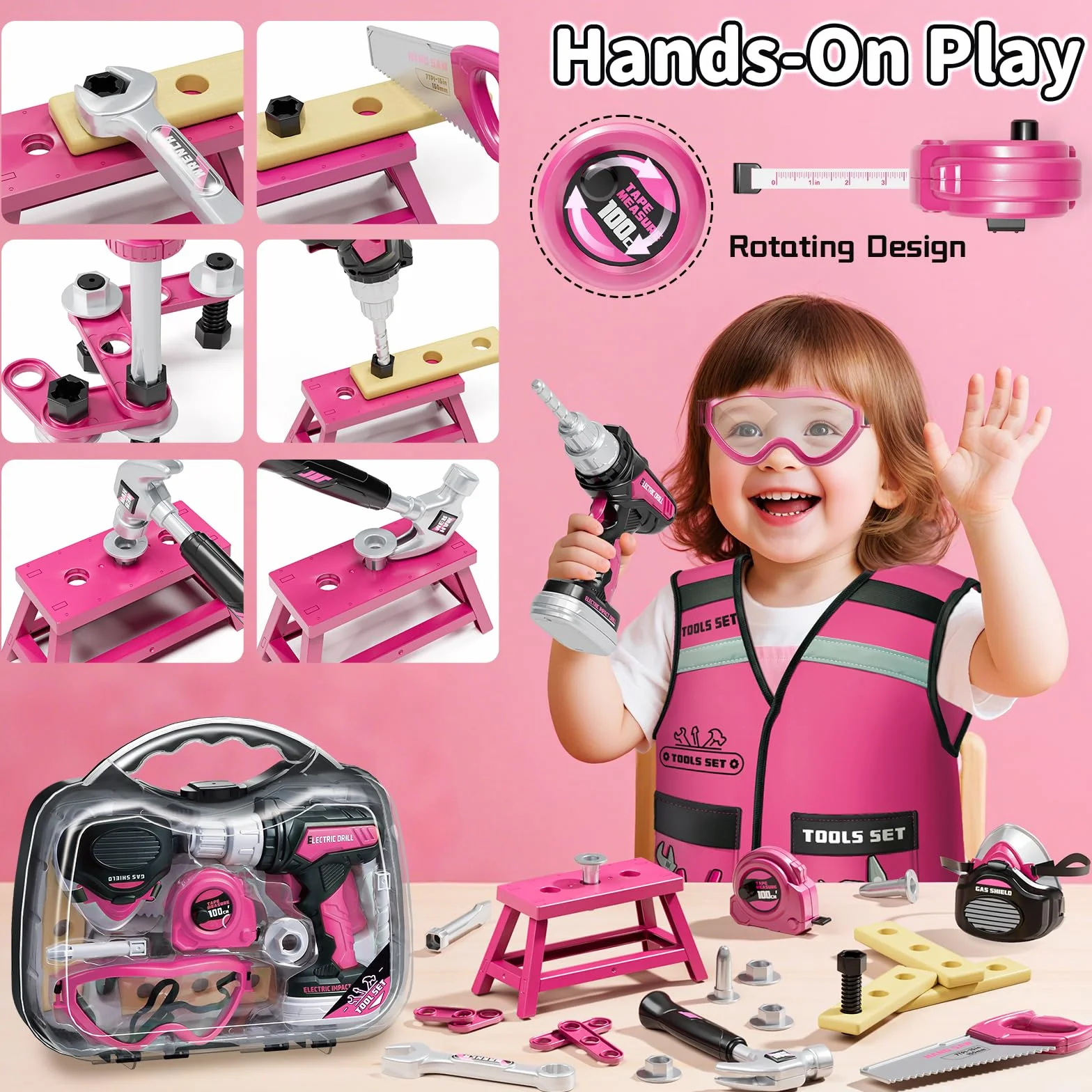 KidBloom Giochi Bambina 3 Anni Cassetta Attrezzi Bambini, Attrezzi Giocattolo Bambini con Trapano Giocattolo e Gilet da Lavoro, Regalo Bambina 3 4 5 Anni