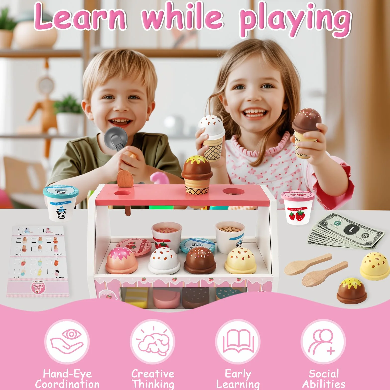 Gelateria Giocattolo per Bambini,Giocattolo per Gelato in Legno,Montessori Gioco di Ruolo Educativo Regalo per Bambinis,Gelateria Giocattoli in Legno per Bambini da 3 4 5 6 Anni Ragazzi Ragazze