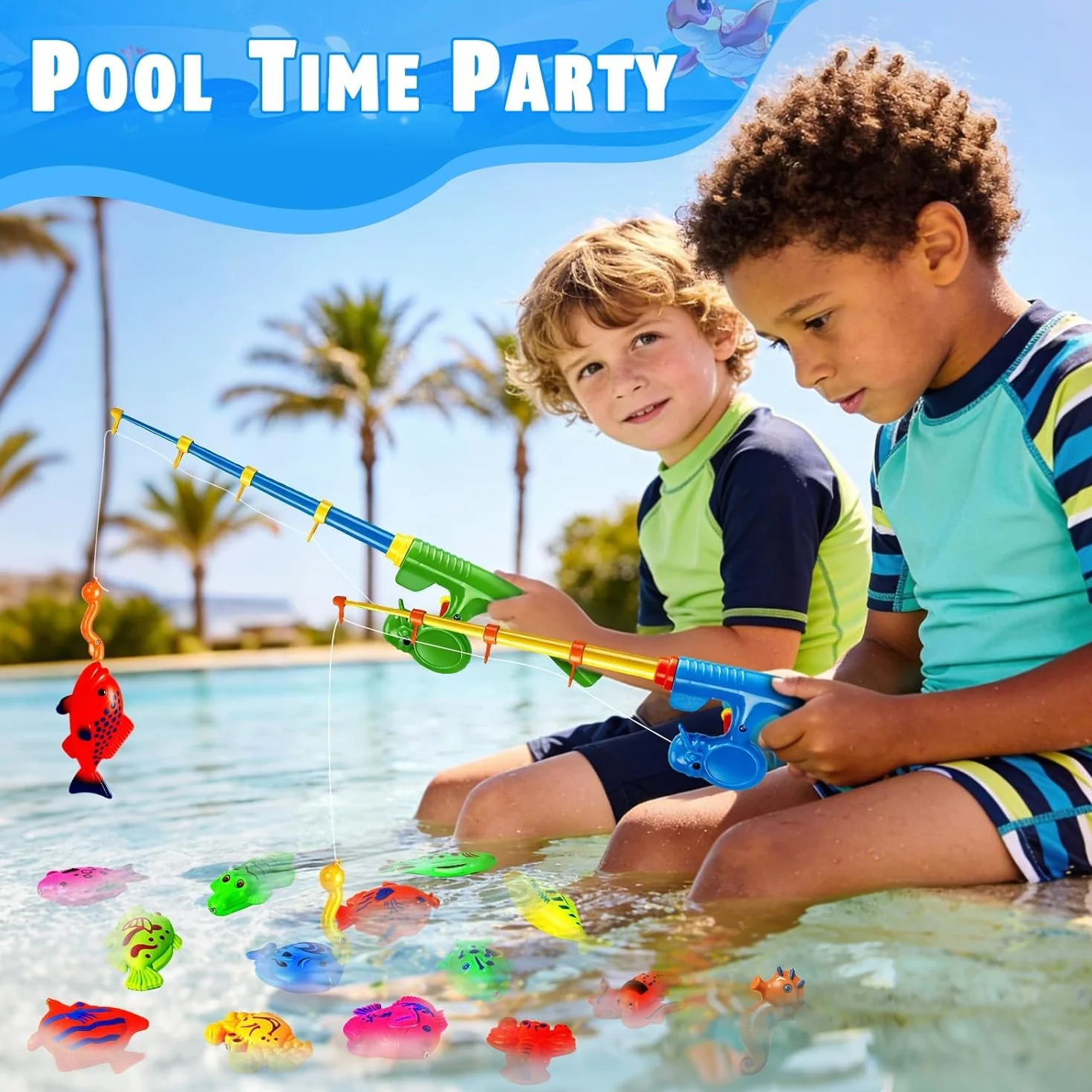 Set di pesca alla linea magnetica XXL 59 pezzi con piscina per bambini, giocattolo d'acqua e piscina per bambini 3 4 5 anni, set completo per giardino, spiaggia e bagno, inclusi 4 canne da pesca, 4