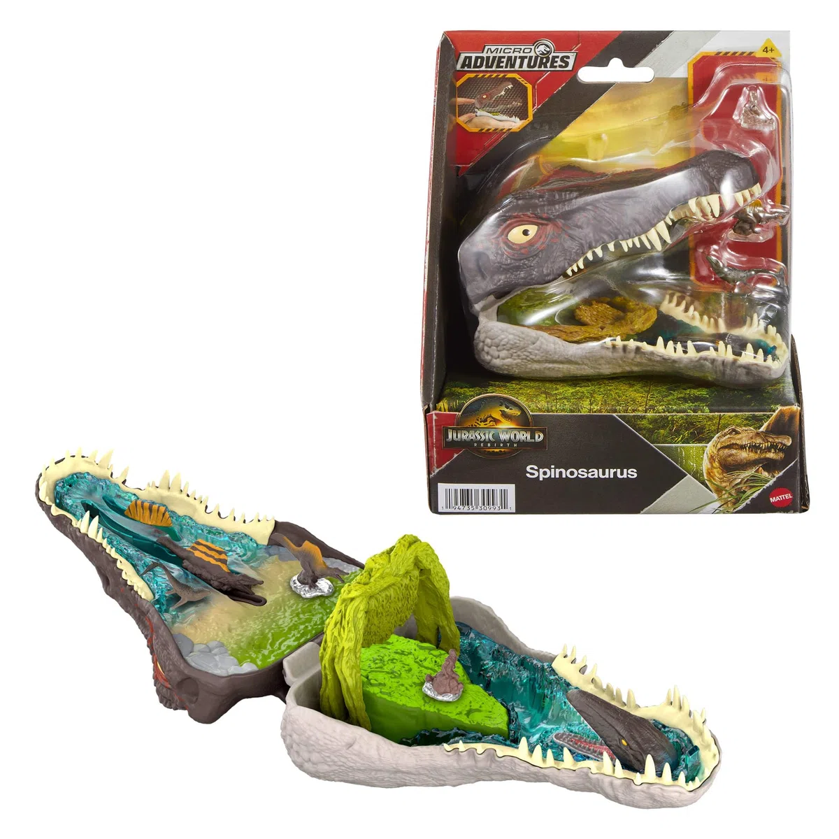 Mattel Jurassic World La Rinascita Micro Avventure, playset con testa di Spinosauro che si apre con 4 funzionalità interattive, 3 micro personaggi, dinosauro giocattolo, JGB98