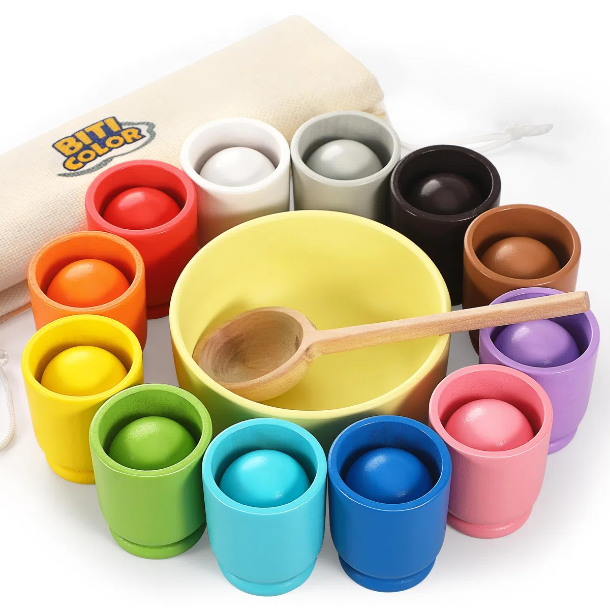 Palla in Tazza Giocattolo montessoriano in Legno per Giochi Legno la la Selezione dei Colori dell'arcobaleno per i Bambini della Scuola Materna - 12 Palle da 40 mm