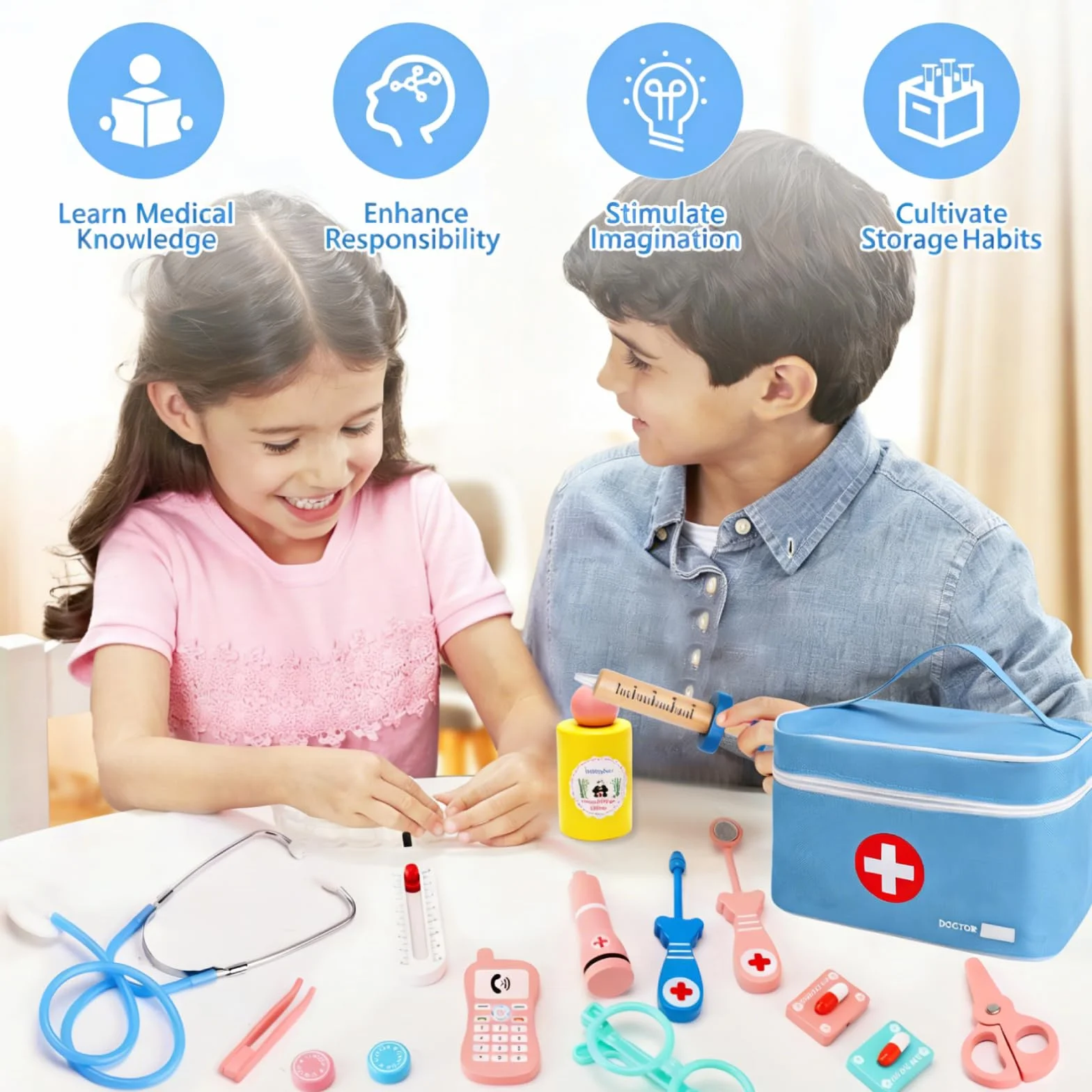Valigetta Dottore Bambini, Legno kit Dottoressa Bambina con Vero Stetoscopio, Termometro, Camice da Medico e Borsa da Medico Portatile, Giochi di Ruolo, Giochi Bambini 3, 4, 5 Anni