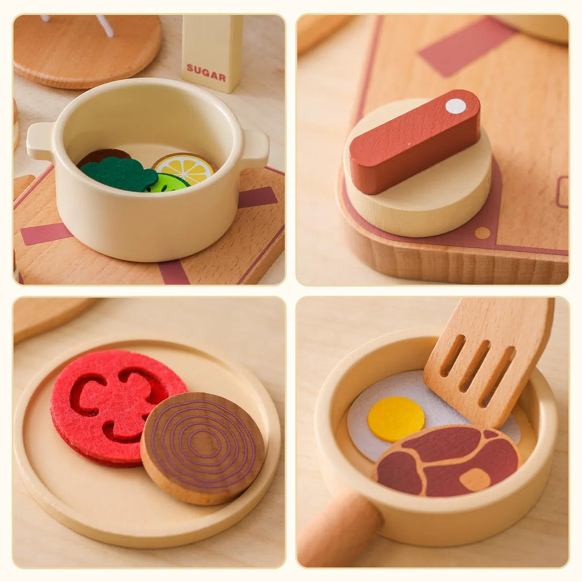 Pentole Giocattolo per Bambini, Accessori Cucina Giocattolo Legno, Set di Pentole e Padelle in Legno, Utensili Cucina Bambini con Posate e Cibo, Giochi di Ruolo per 3 4 5 6 Anni