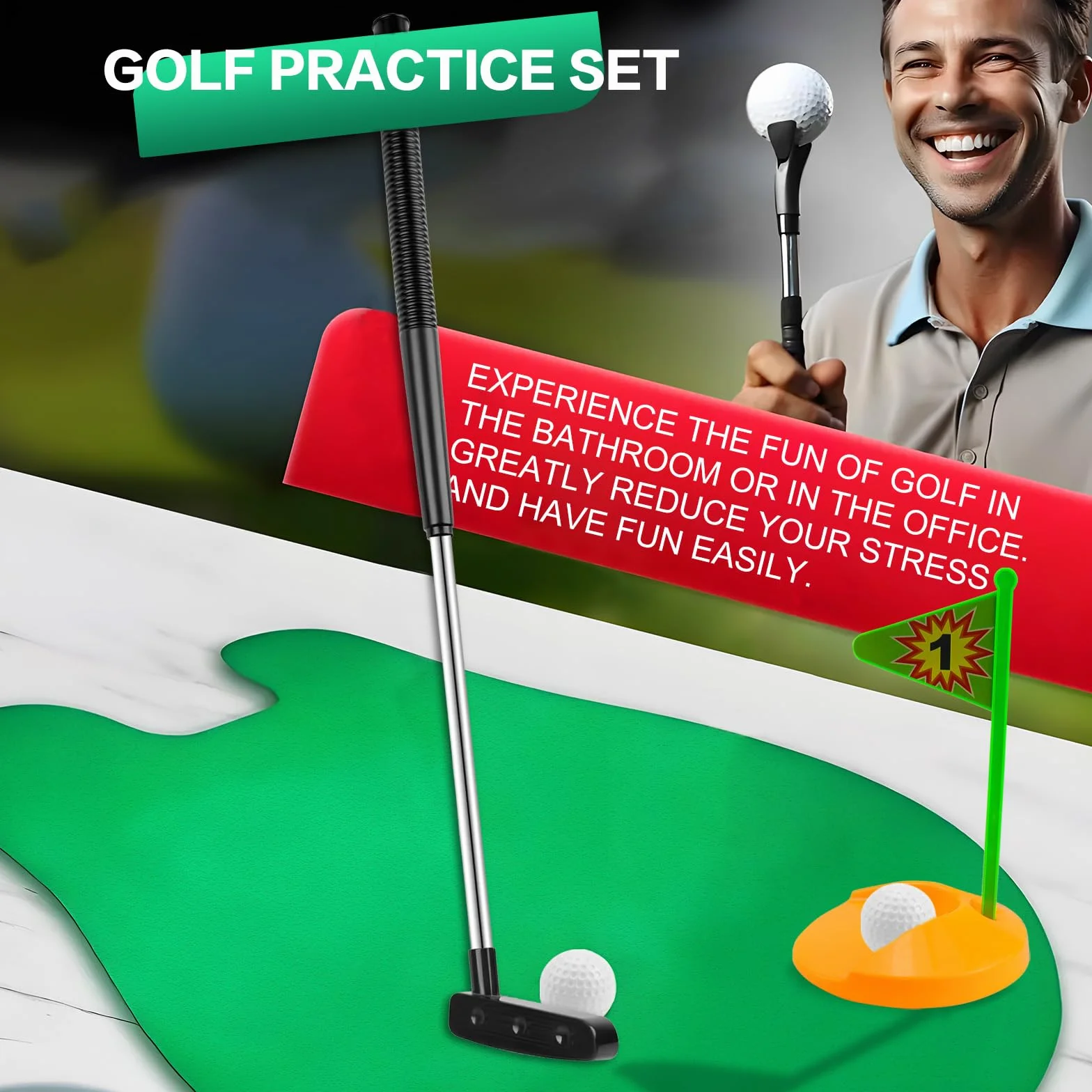 FAELNK Golf Toilet Game Golf Game Set Minigolf Adatto per Regali Divertenti per Giocatori di Golf con Mazza da Golf 65 cm, Tappetino da Golf, 2 Palline da Golf e Appendiabiti